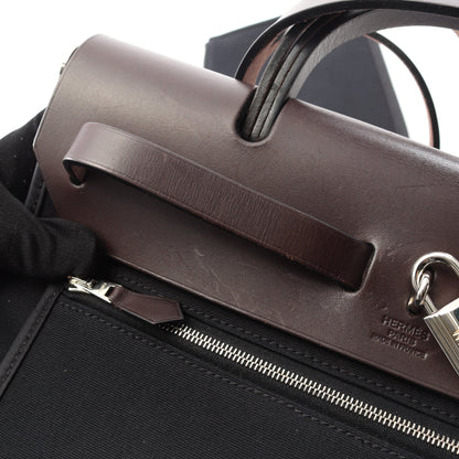 エールバッグジップPM ハンドバッグ トワルオフィシエ ヴァッシュハンター ブラック ダークブラウン シルバー金具 2WAY □L刻印 エルメス バッグ HERMES