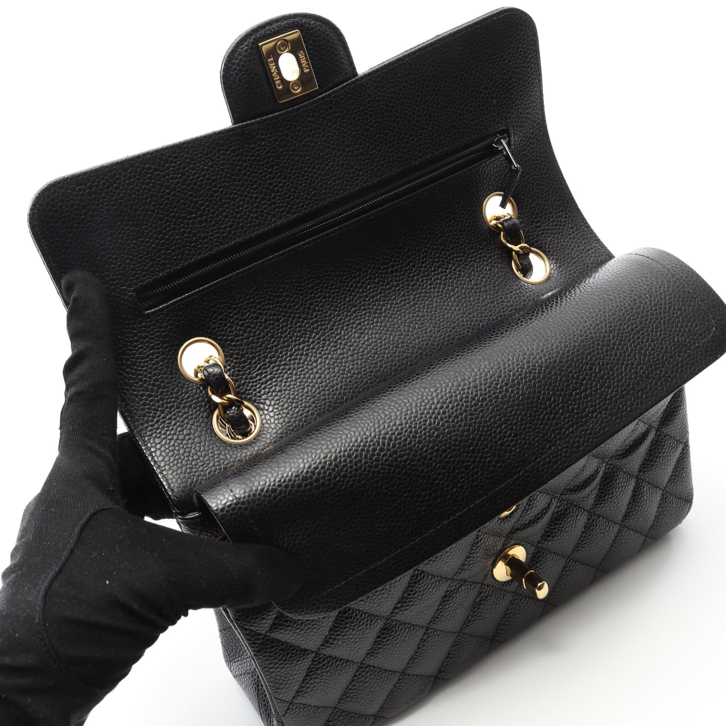 マトラッセ Wフラップ Wチェーンショルダーバッグ キャビアスキン ブラック ゴールド金具 シャネル バッグ CHANEL