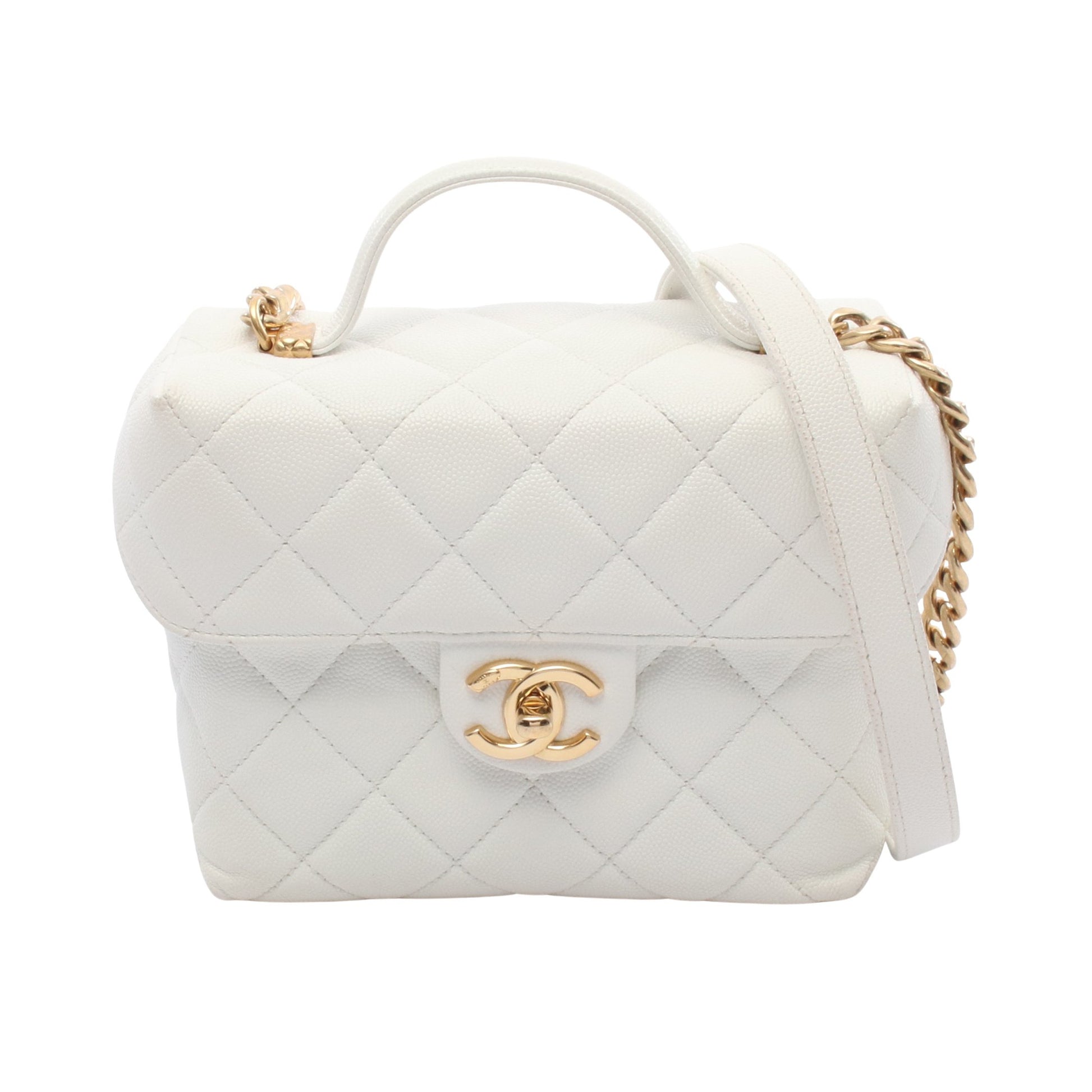 マトラッセ トップハンドル チェーンショルダーバッグ キャビアスキン ホワイト ゴールド金具 シャネル バッグ CHANEL