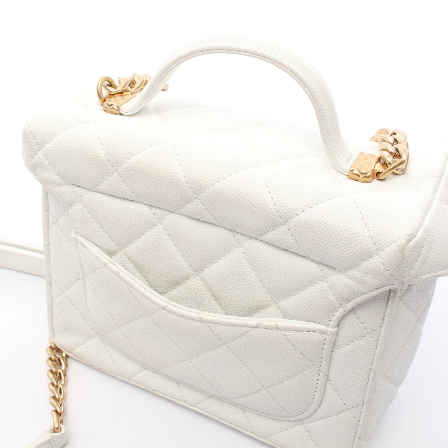 マトラッセ トップハンドル チェーンショルダーバッグ キャビアスキン ホワイト ゴールド金具 シャネル バッグ CHANEL