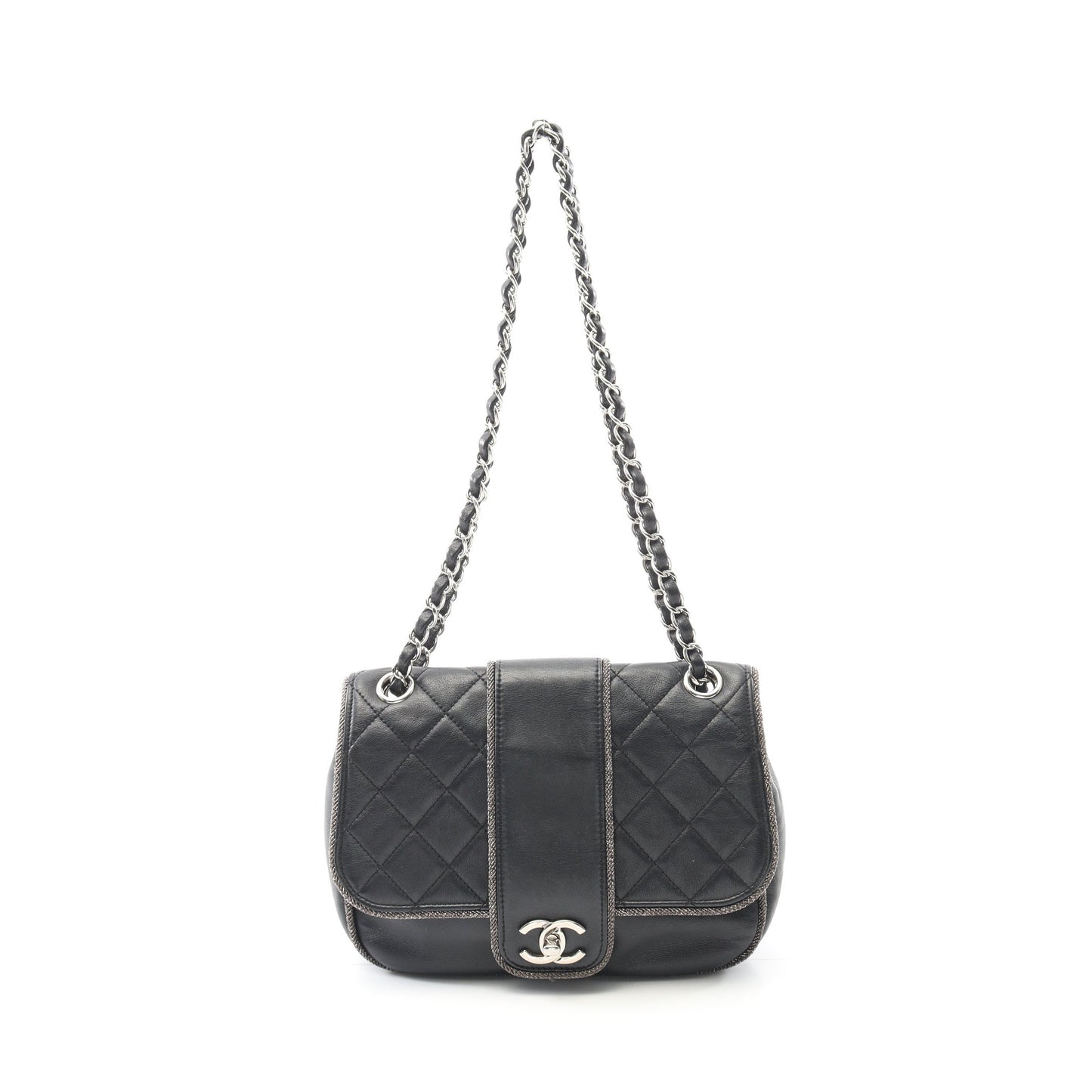 マトラッセ Wチェーンショルダーバッグ ラムスキン ブラック シルバー金具 シャネル バッグ CHANEL