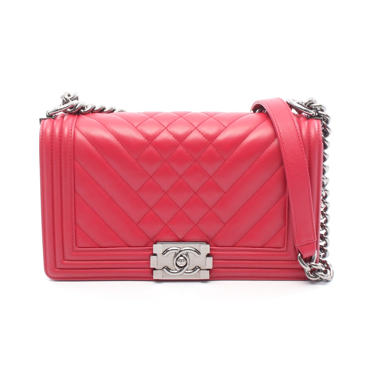 ボーイシャネル チェーンショルダーバッグ レザー ピンクレッド シルバー金具 シャネル バッグ CHANEL