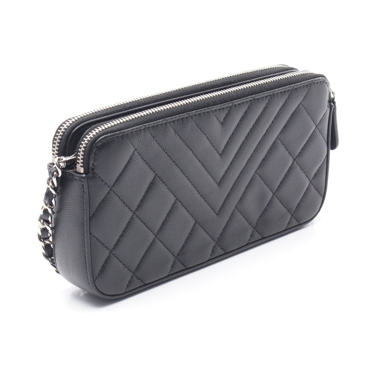 Wジップ チェーンウォレット キャビアスキン ブラック シルバー金具 シャネル バッグ CHANEL