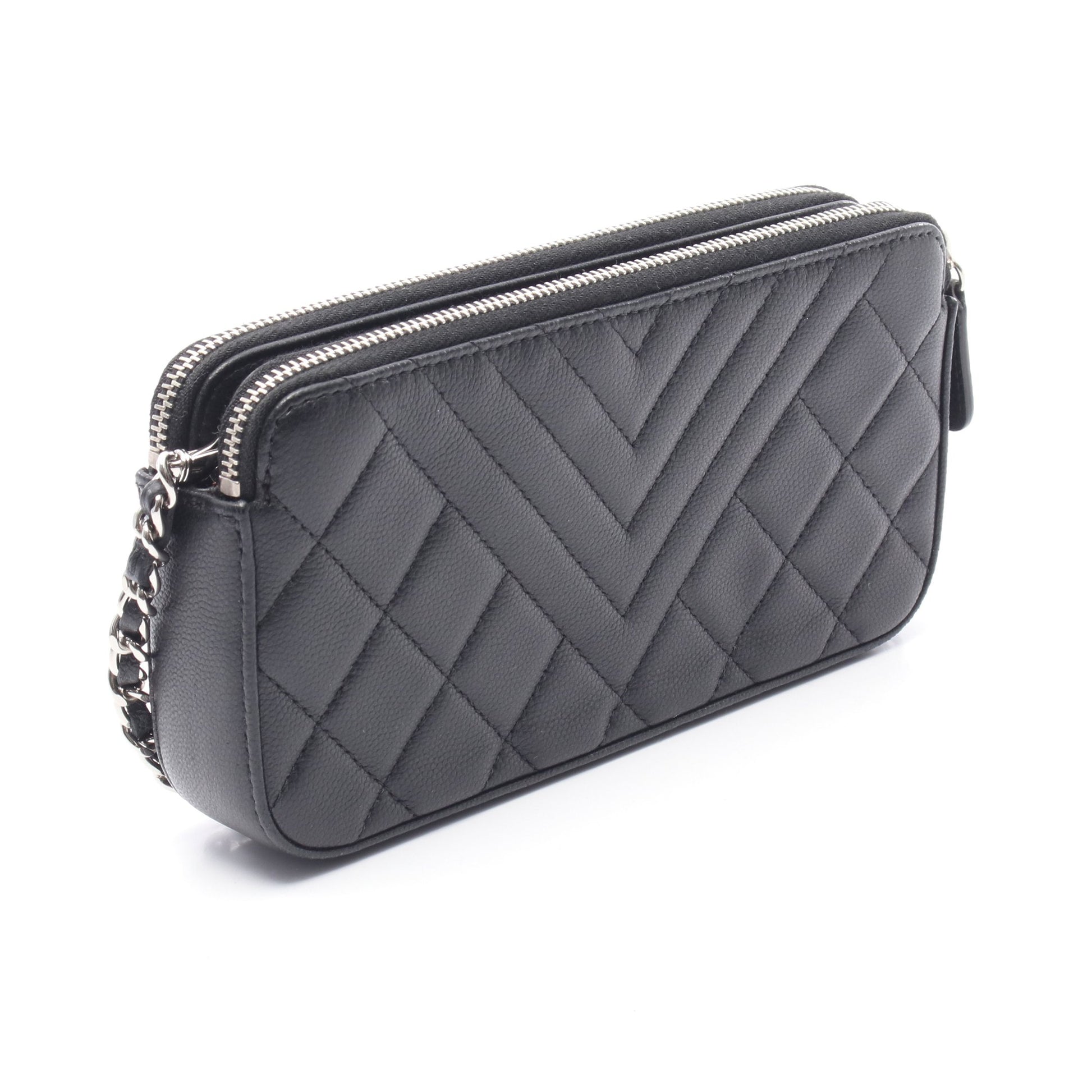Wジップ チェーンウォレット キャビアスキン ブラック シルバー金具 シャネル バッグ CHANEL