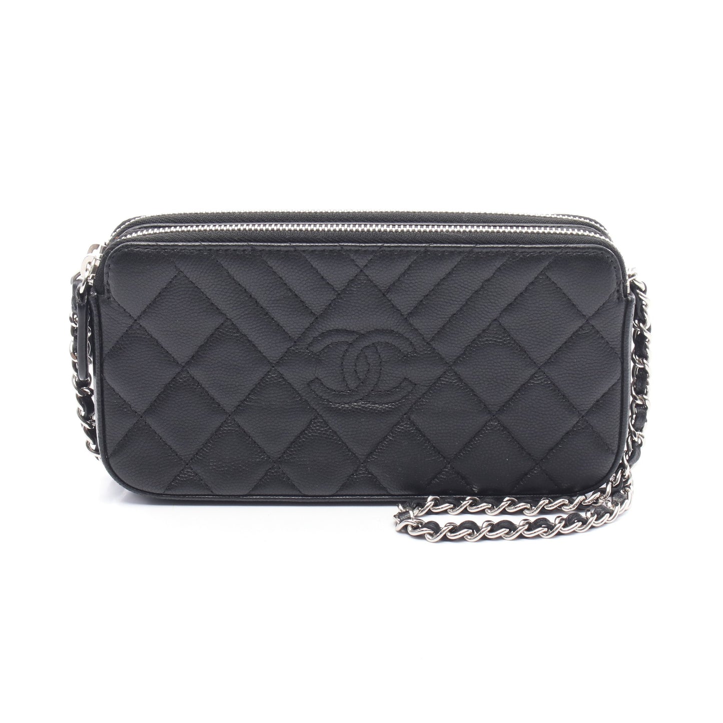 Wジップ チェーンウォレット キャビアスキン ブラック シルバー金具 シャネル バッグ CHANEL