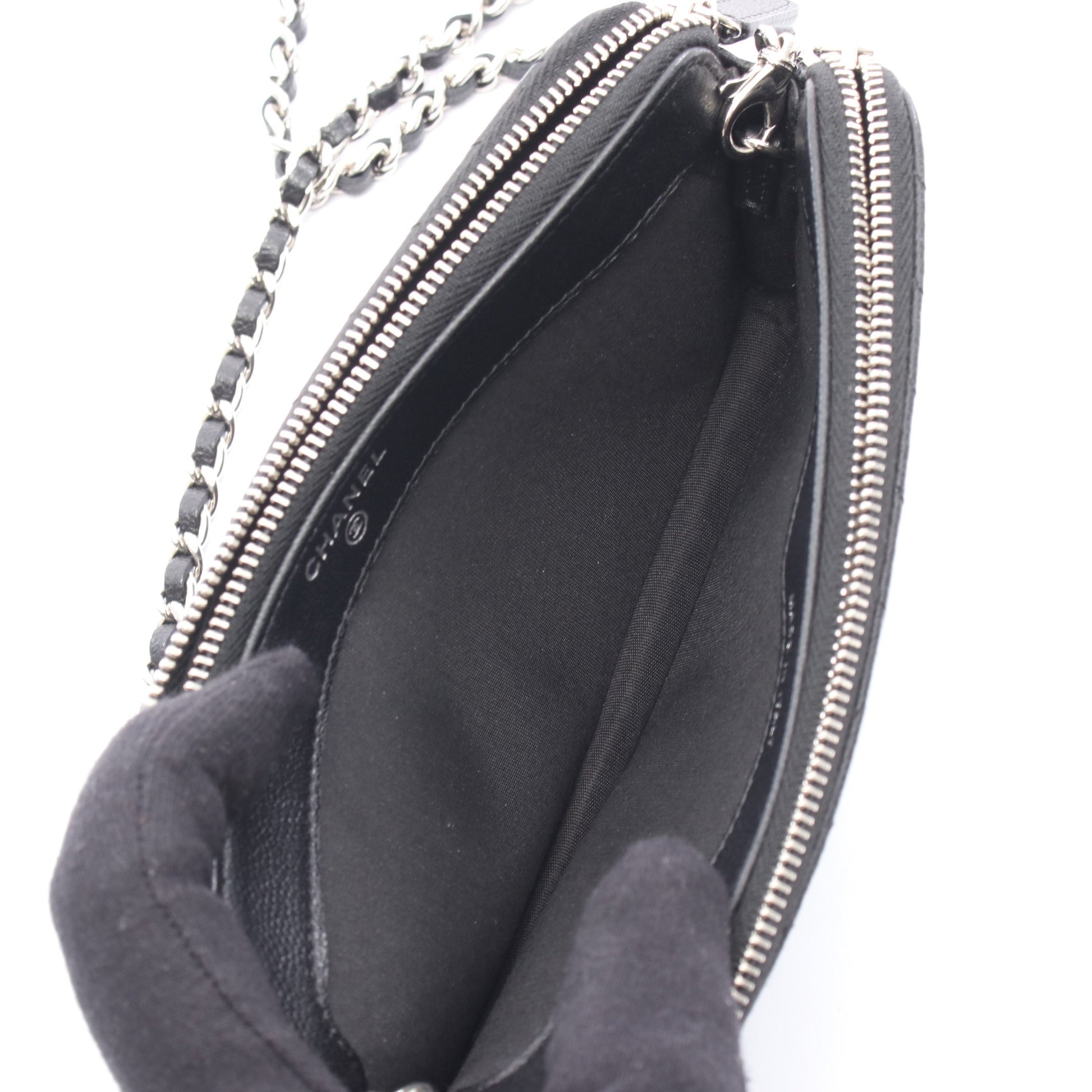 Wジップ チェーンウォレット キャビアスキン ブラック シルバー金具 シャネル バッグ CHANEL