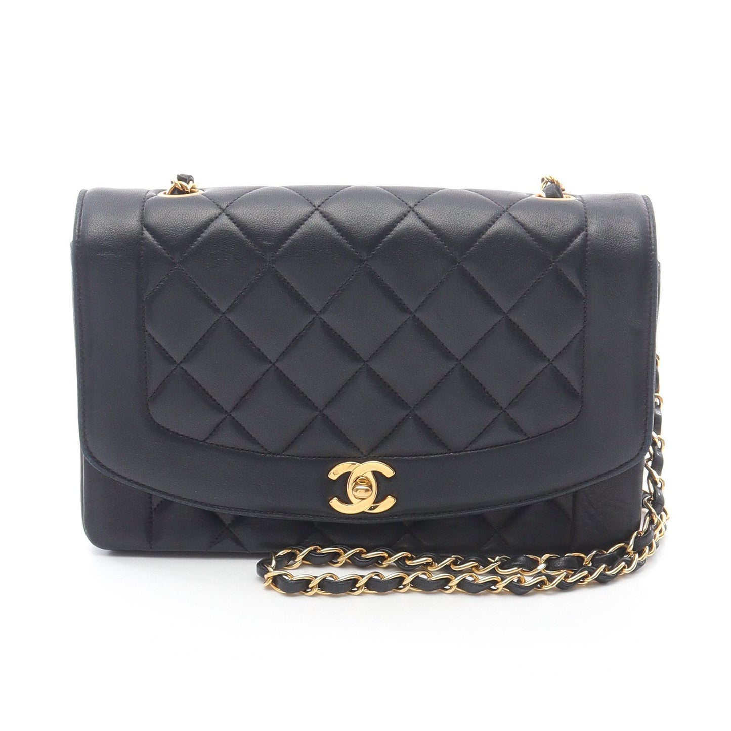 マトラッセ ダイアナフラップ チェーンショルダーバッグ ラムスキン ブラック ゴールド金具 シャネル バッグ CHANEL