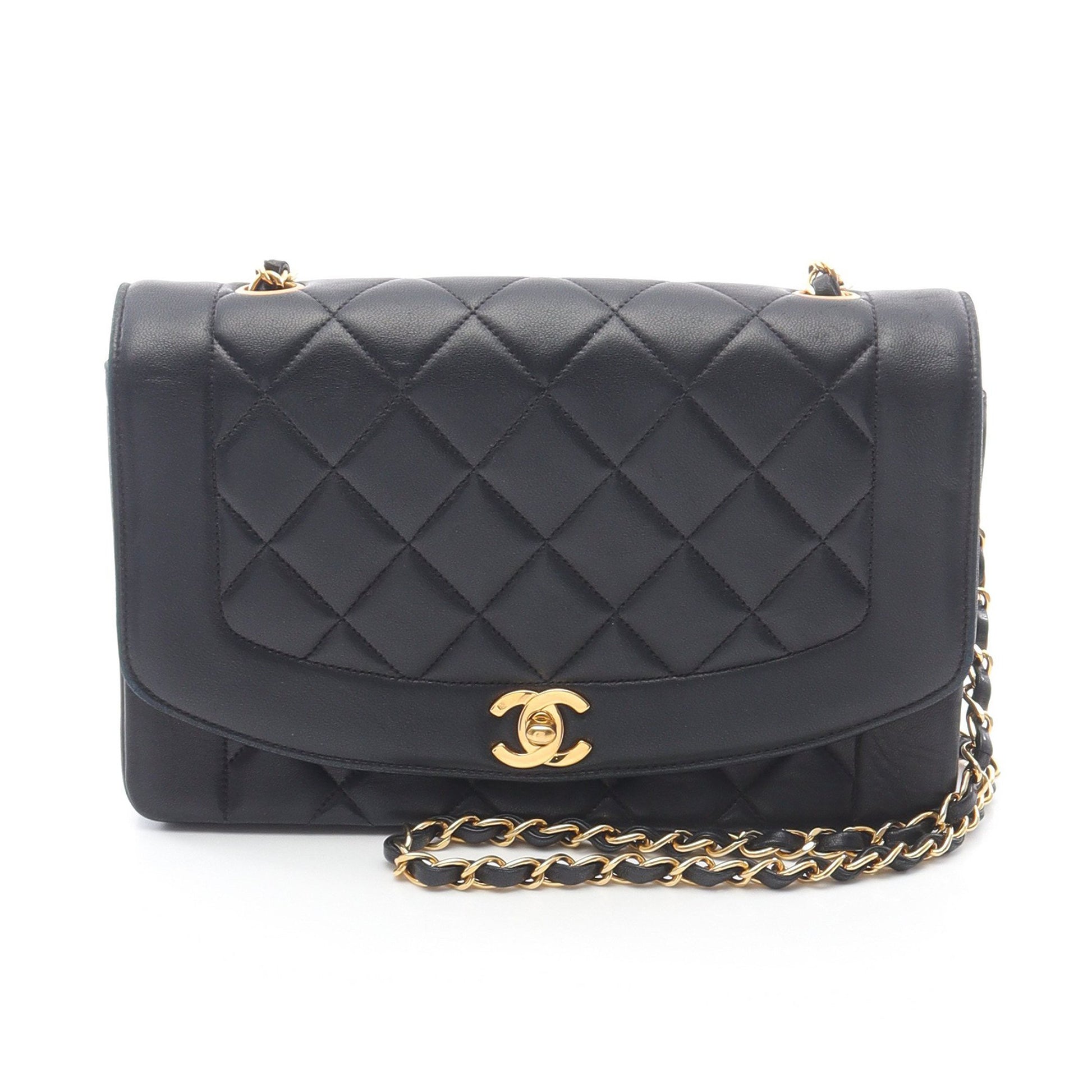 マトラッセ ダイアナフラップ チェーンショルダーバッグ ラムスキン ブラック ゴールド金具 シャネル バッグ CHANEL