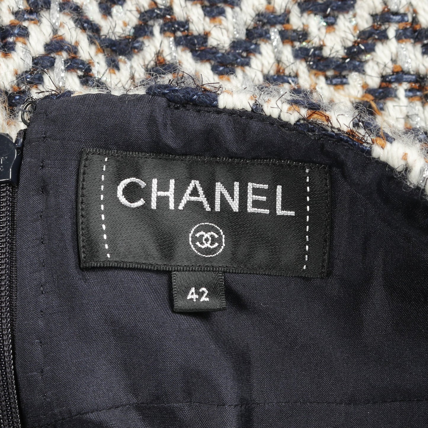 ココマーク ヘリンボーン スカート ウール ナイロン ネイビー ホワイト ライトブラウン フリンジ シャネル ボトムス CHANEL