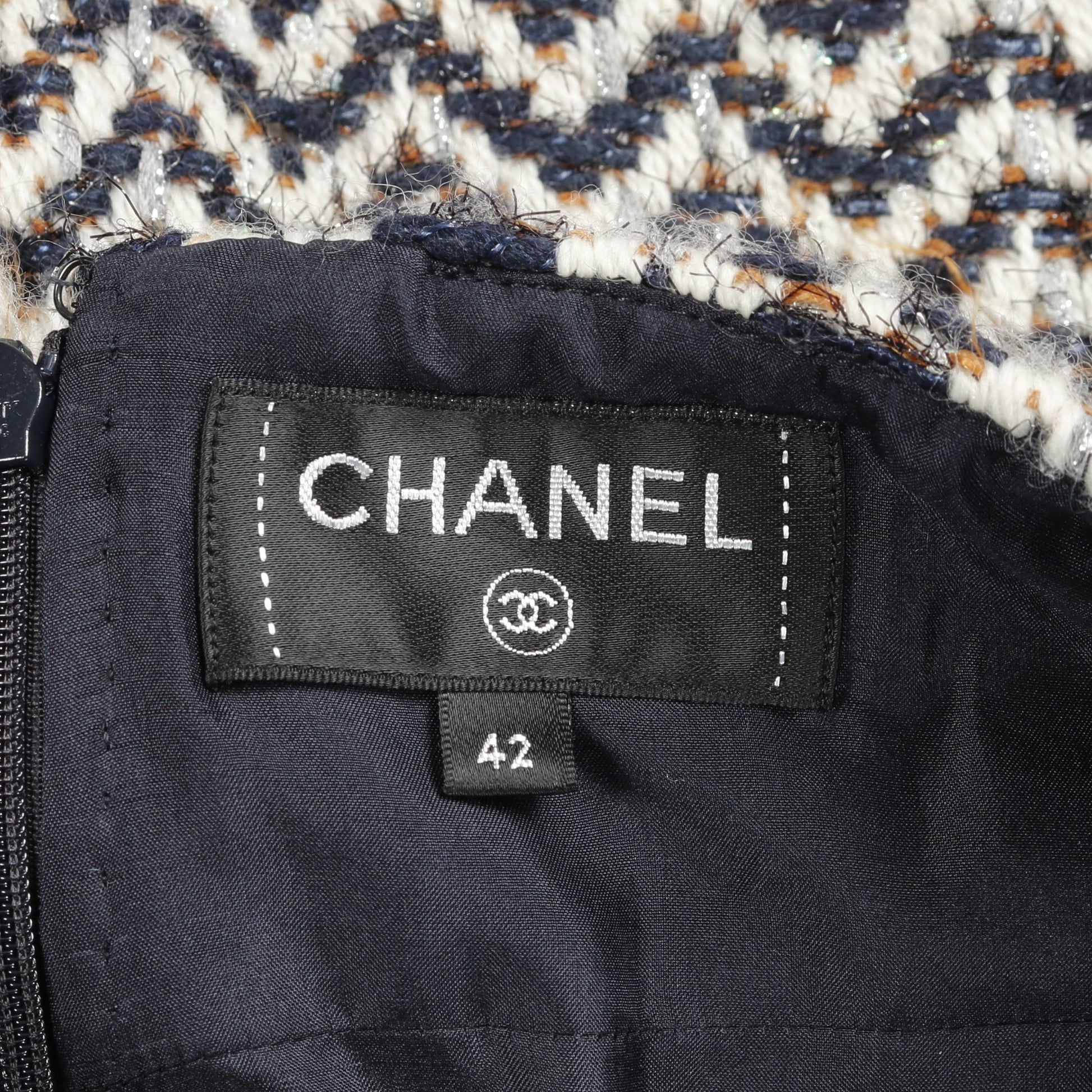 ココマーク ヘリンボーン スカート ウール ナイロン ネイビー ホワイト ライトブラウン フリンジ シャネル ボトムス CHANEL