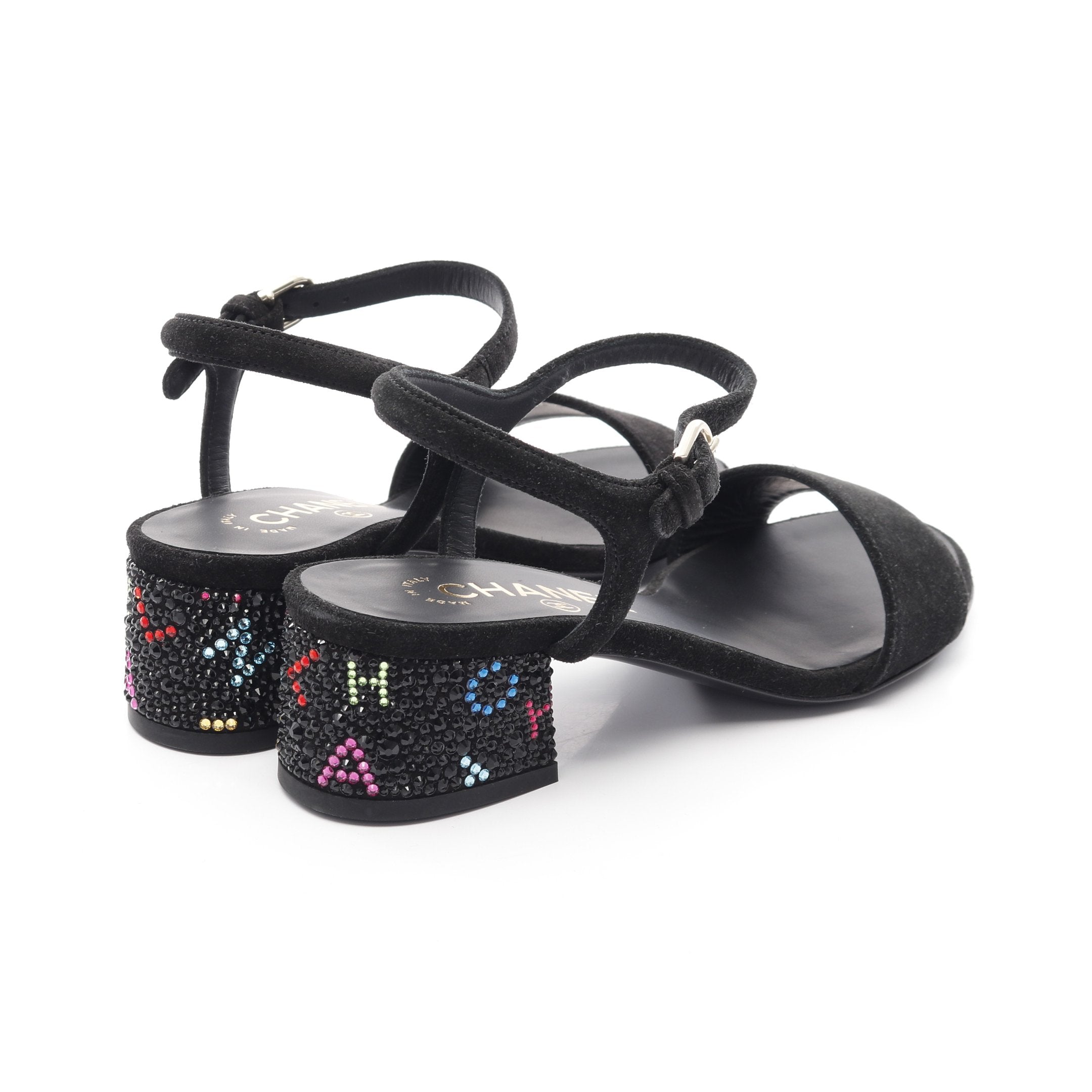 CHANEL ブラック スエード サンダル ラインストーンロゴヒール サンダル スエード ブラック マルチカラー