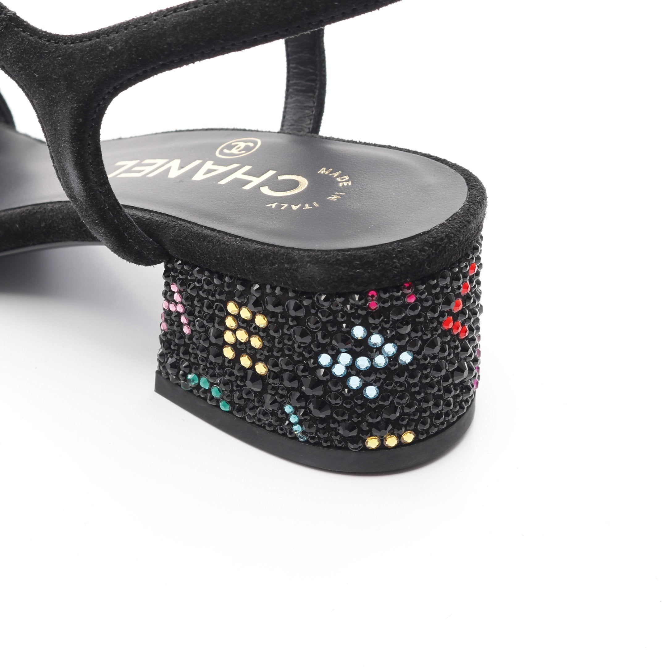 ラインストーンロゴヒール サンダル スエード ブラック マルチカラー