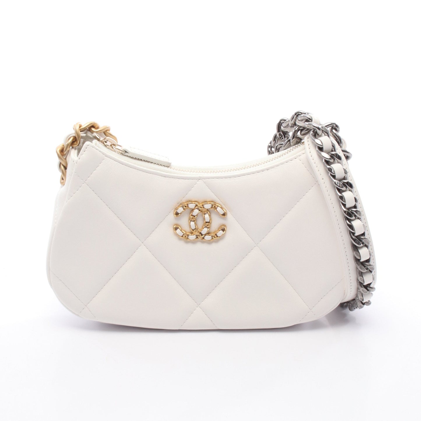シャネル19 マトラッセ スモール ホーボー チェーンショルダーバッグ レザー ホワイト コンビ金具 シャネル バッグ CHANEL