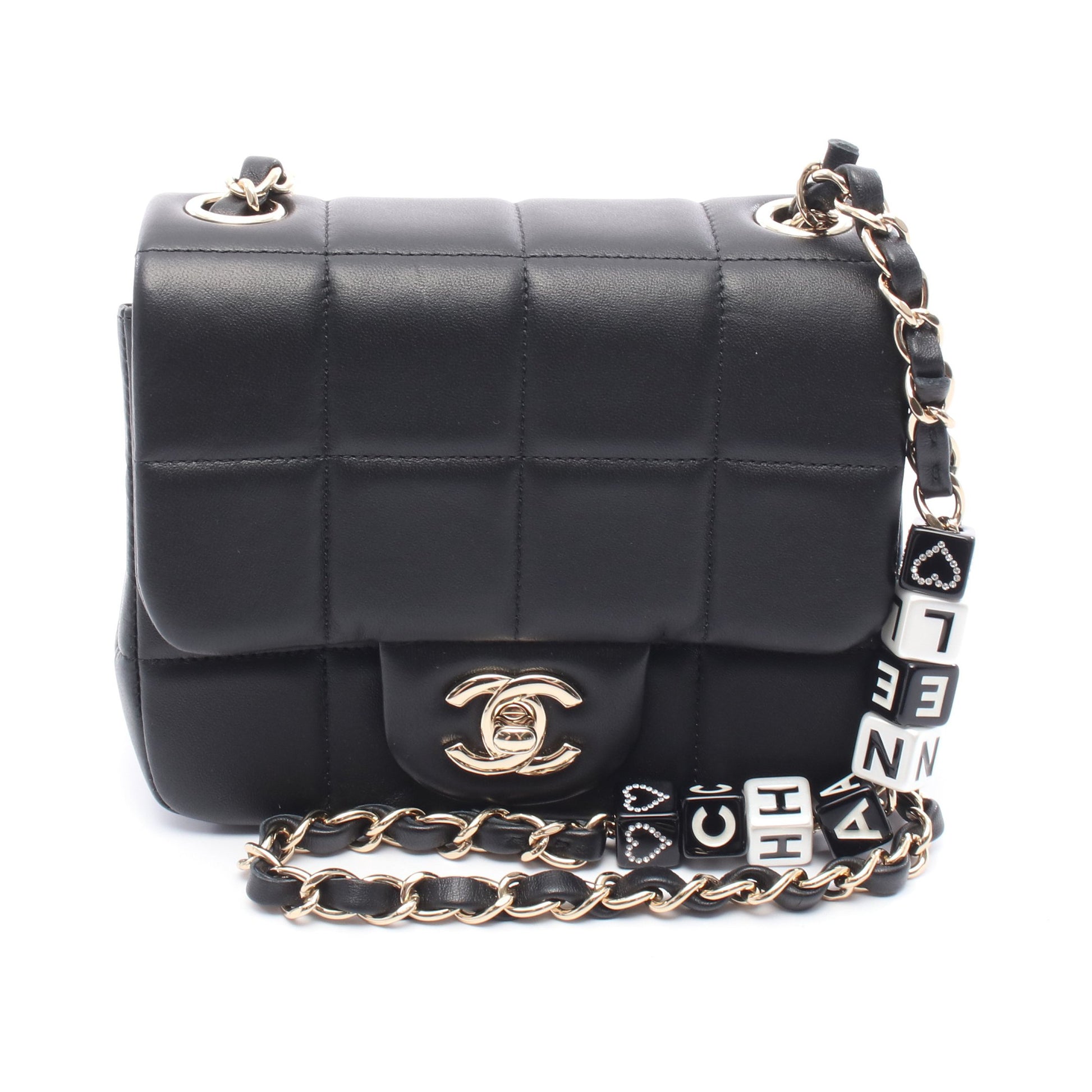チョコバー ミニフラップ チェーンショルダーバッグ ラムスキン ブラック ゴールド金具 シャネル バッグ CHANEL