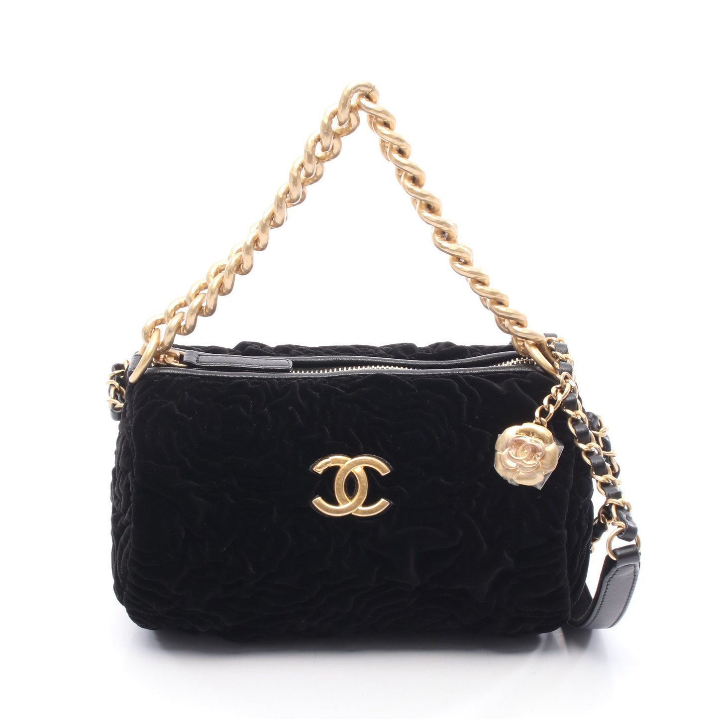 カメリア チェーンショルダーバッグ ベルベット レザー ブラック ゴールド金具 2WAY シャネル バッグ CHANEL