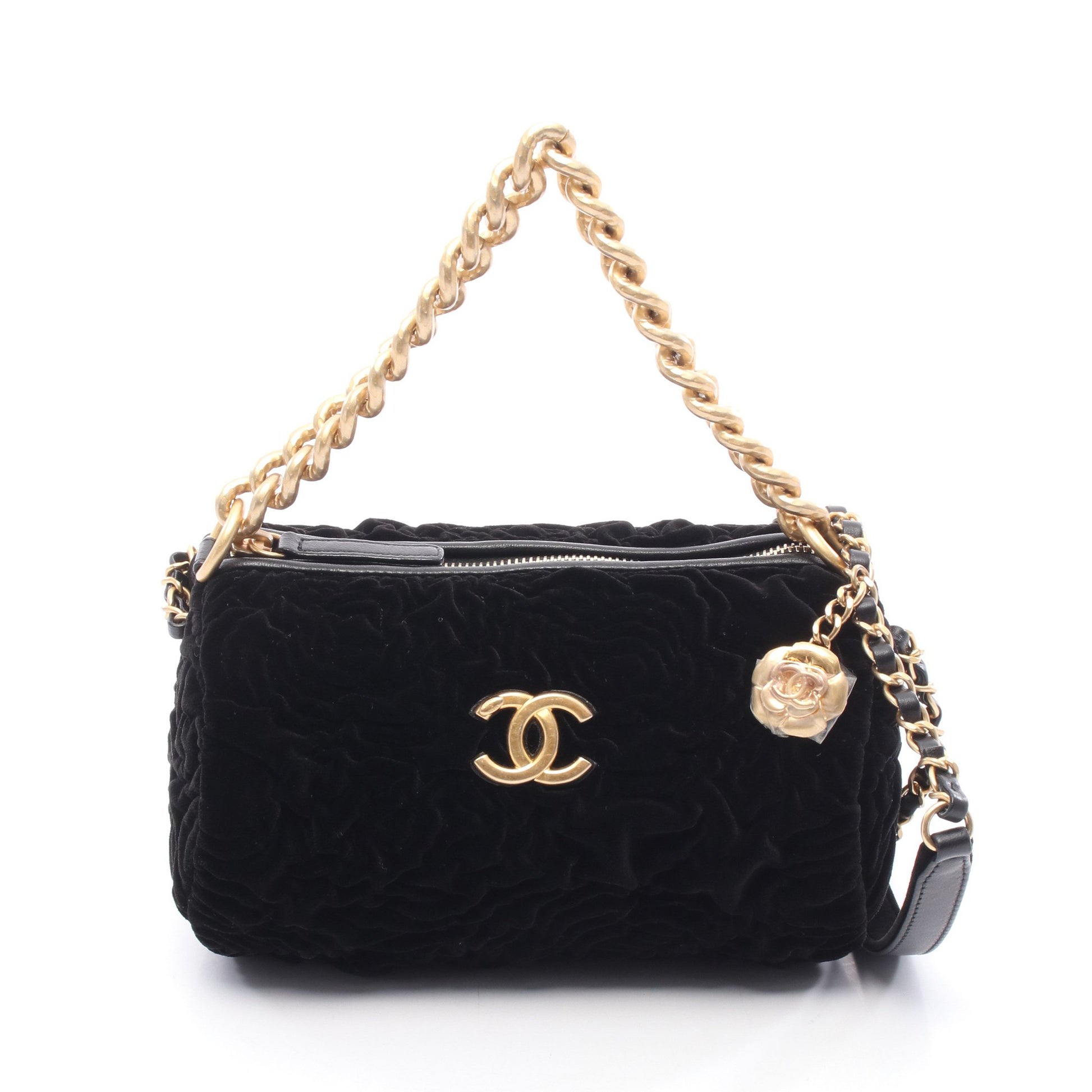 カメリア チェーンショルダーバッグ ベルベット レザー ブラック ゴールド金具 2WAY シャネル バッグ CHANEL