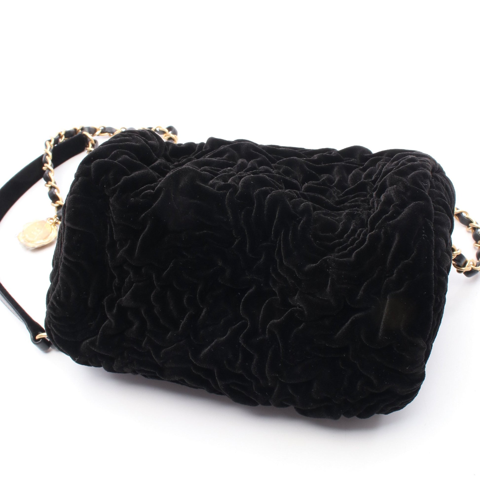カメリア チェーンショルダーバッグ ベルベット レザー ブラック ゴールド金具 2WAY シャネル バッグ CHANEL