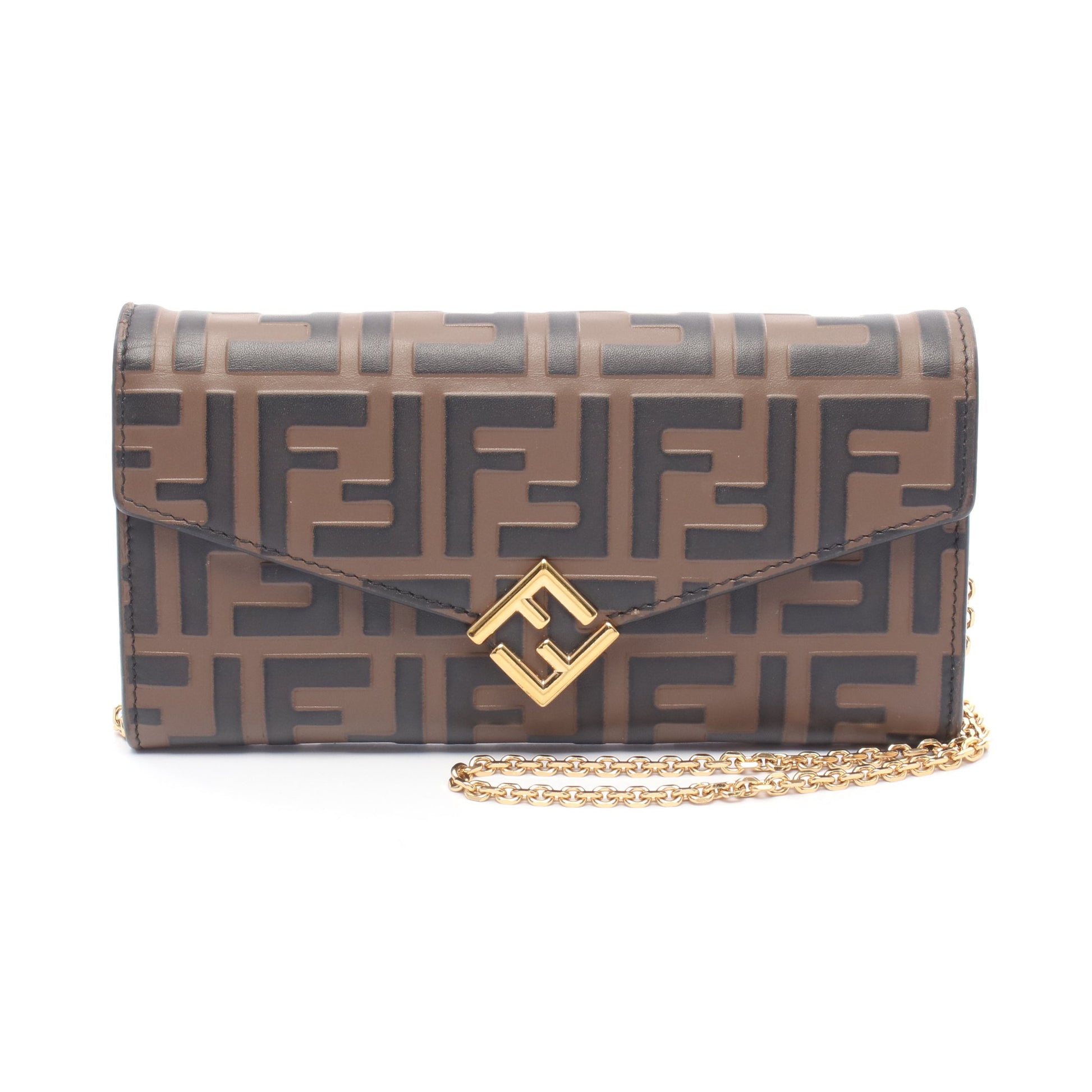 FFダイヤモンド ズッカ エンボス チェーンウォレット レザー ブラウン ブラック フェンディ バッグ FENDI