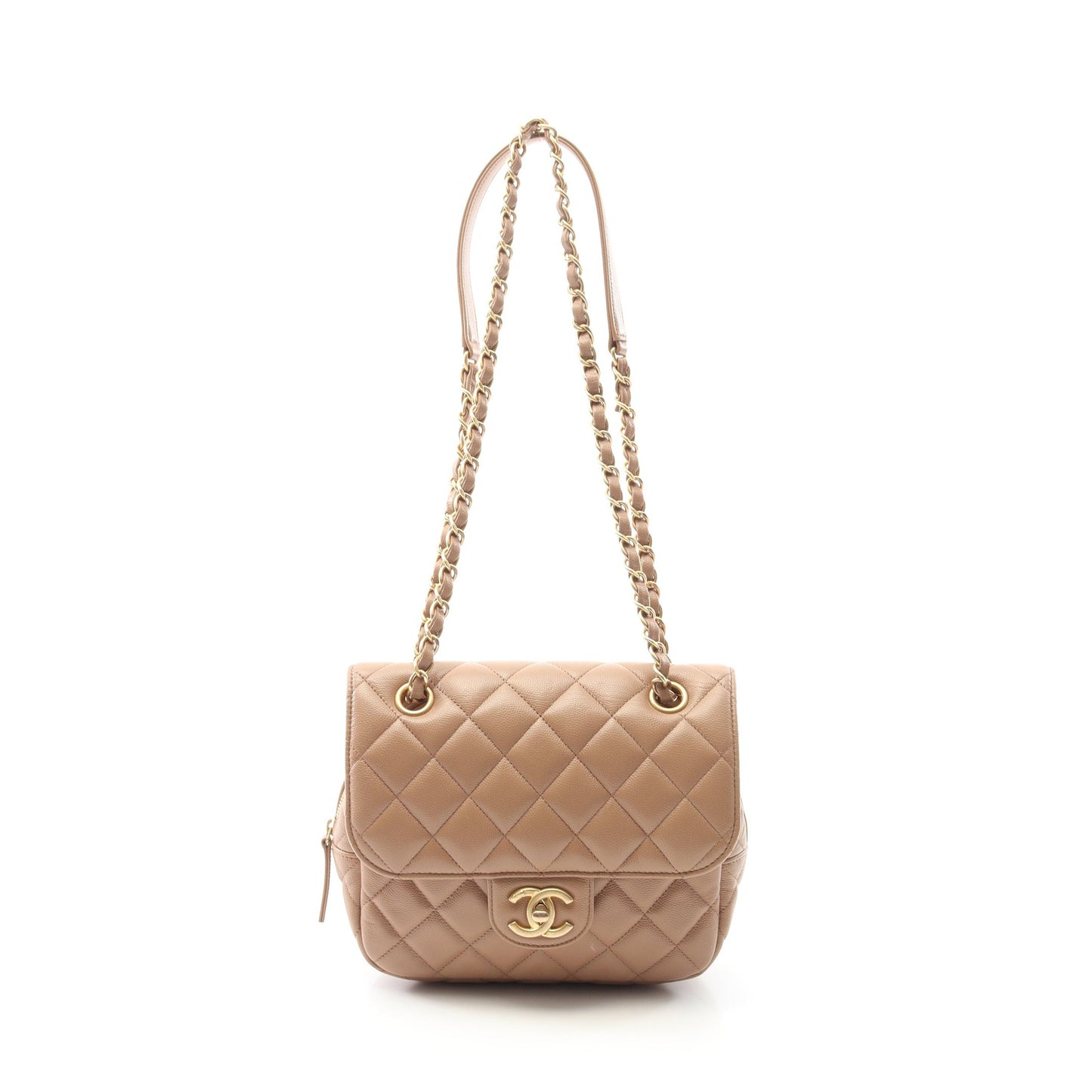 マトラッセ Wチェーンショルダーバッグ キャビアスキン ベージュ ゴールド金具 シャネル バッグ CHANEL