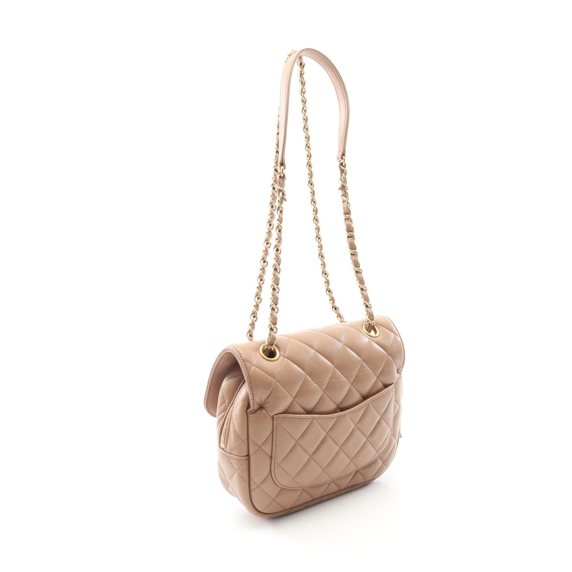 マトラッセ Wチェーンショルダーバッグ キャビアスキン ベージュ ゴールド金具 シャネル バッグ CHANEL