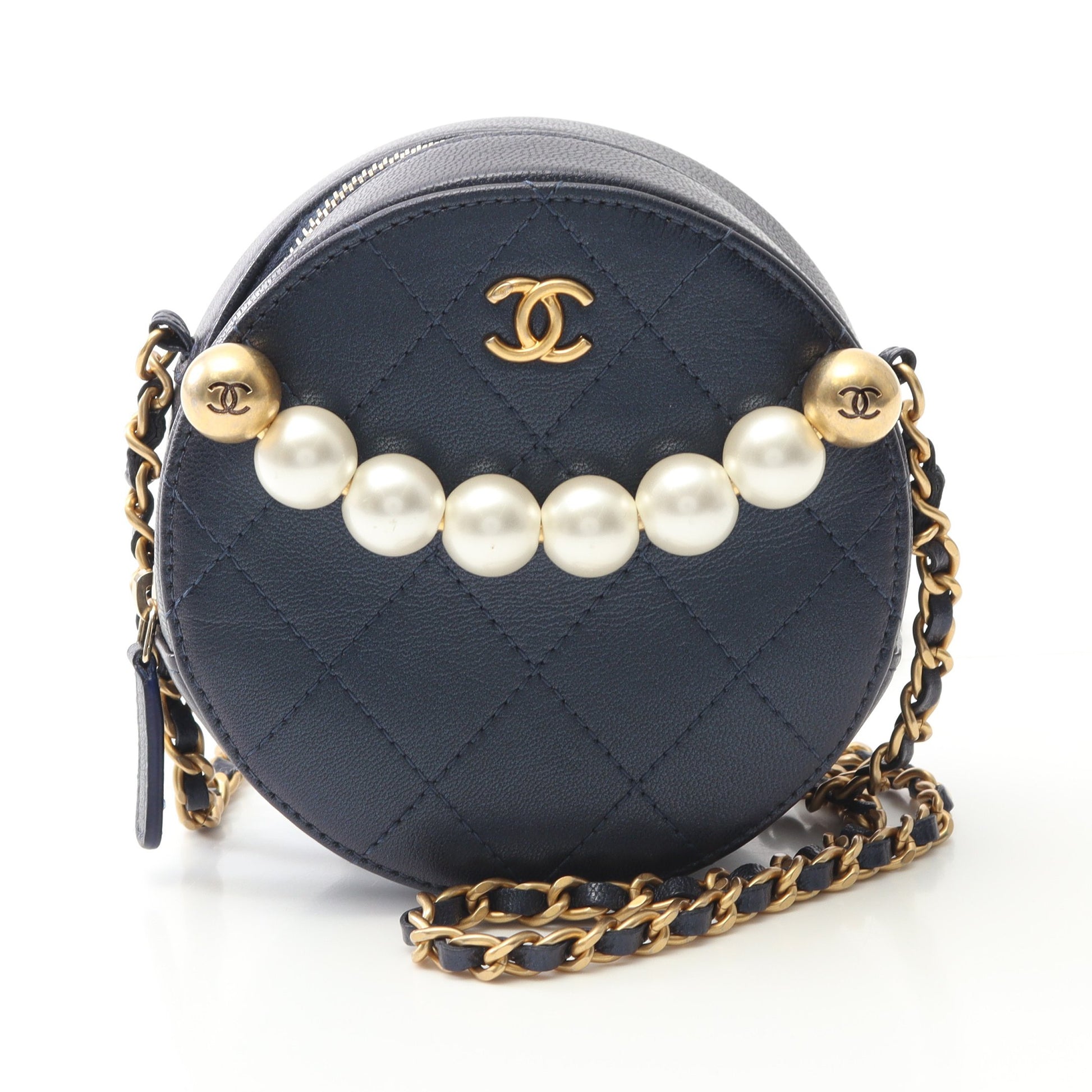 マトラッセ ラウンド ミニ チェーンショルダーバッグ ラムスキン ネイビー ゴールド金具 シャネル バッグ CHANEL