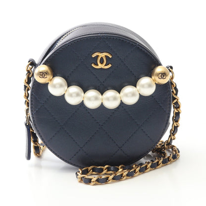 マトラッセ ラウンド ミニ チェーンショルダーバッグ ラムスキン ネイビー ゴールド金具 シャネル バッグ CHANEL