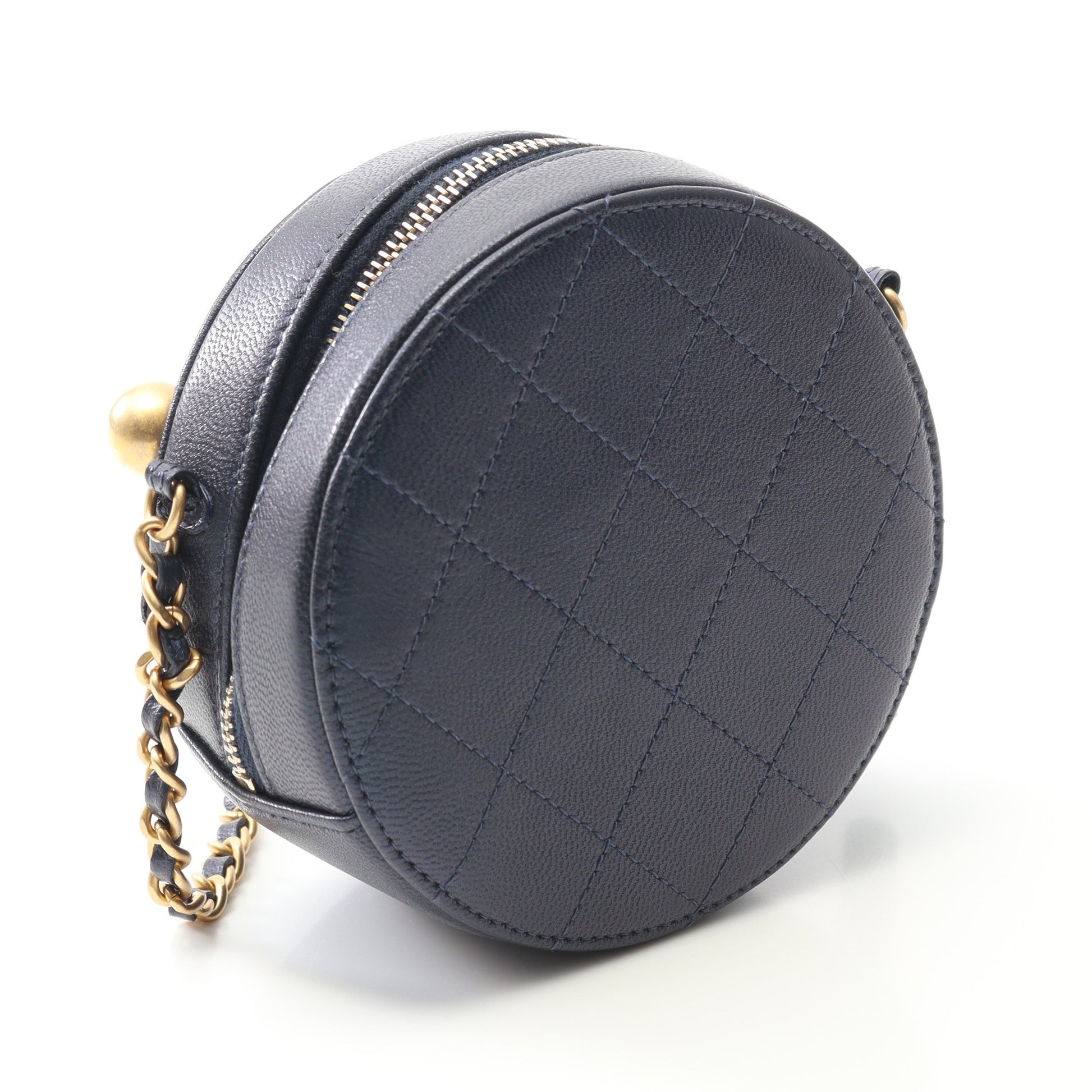 マトラッセ ラウンド ミニ チェーンショルダーバッグ ラムスキン ネイビー ゴールド金具 シャネル バッグ CHANEL