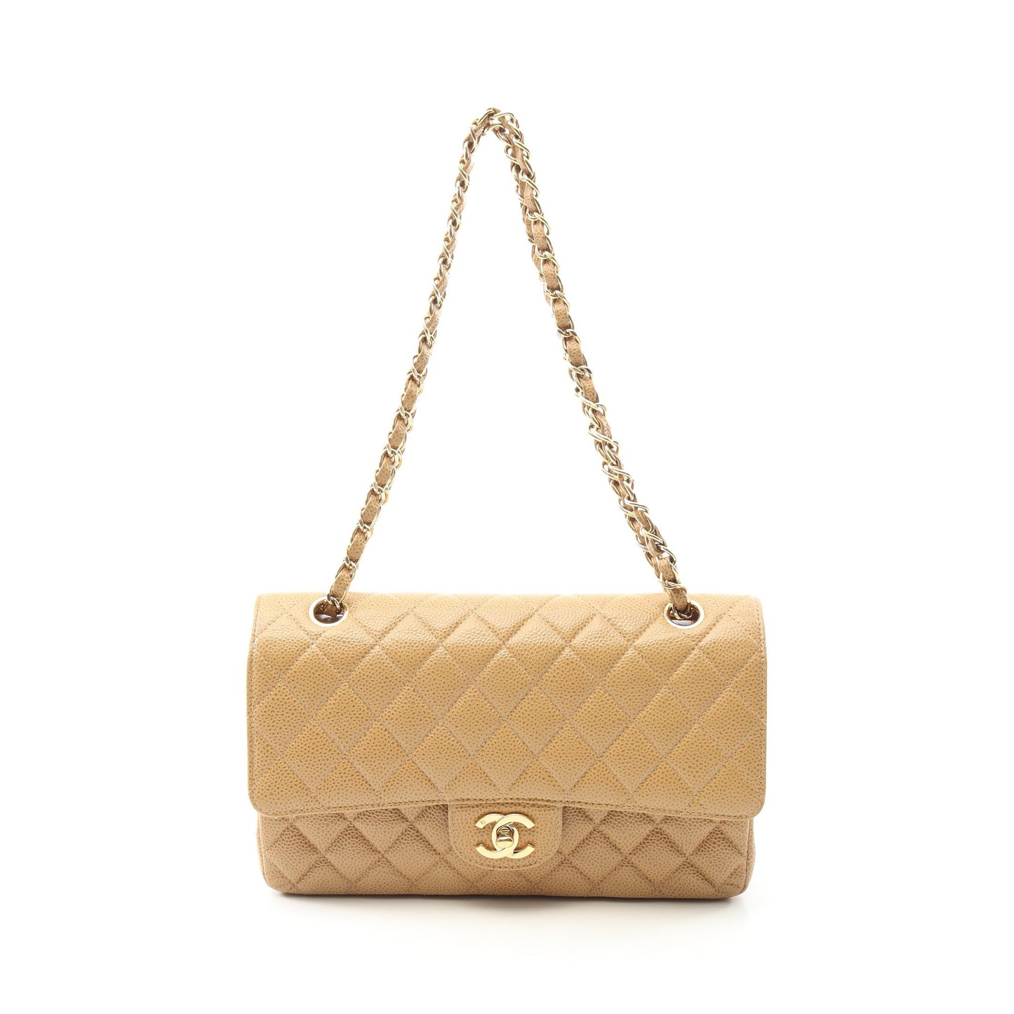 マトラッセ Wフラップ Wチェーンショルダーバッグ キャビアスキン ベージュ ゴールド金具 シャネル バッグ CHANEL