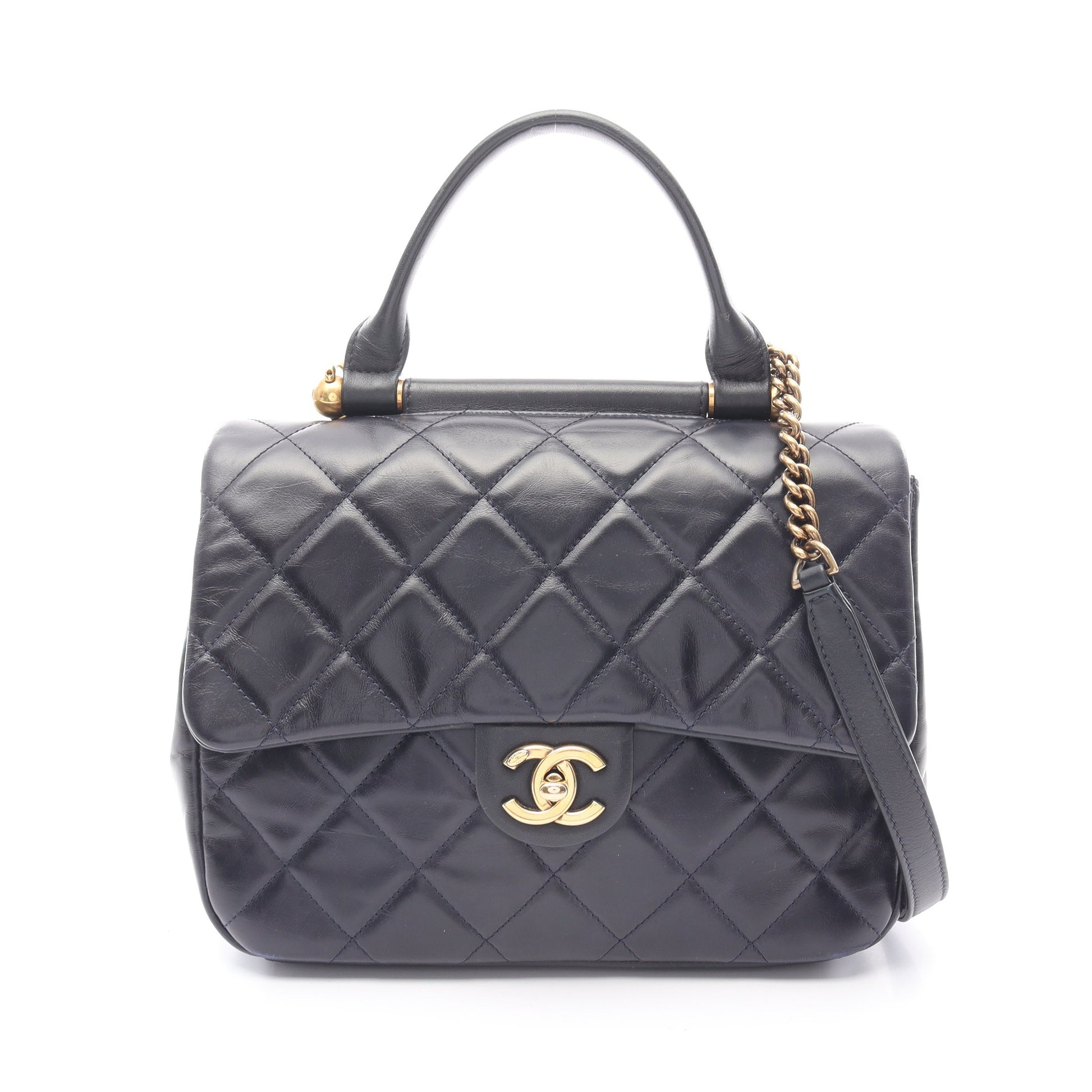 マトラッセ トップハンドル チェーンショルダーバッグ ラムスキン ネイビー ゴールド金具 2WAY シャネル バッグ CHANEL