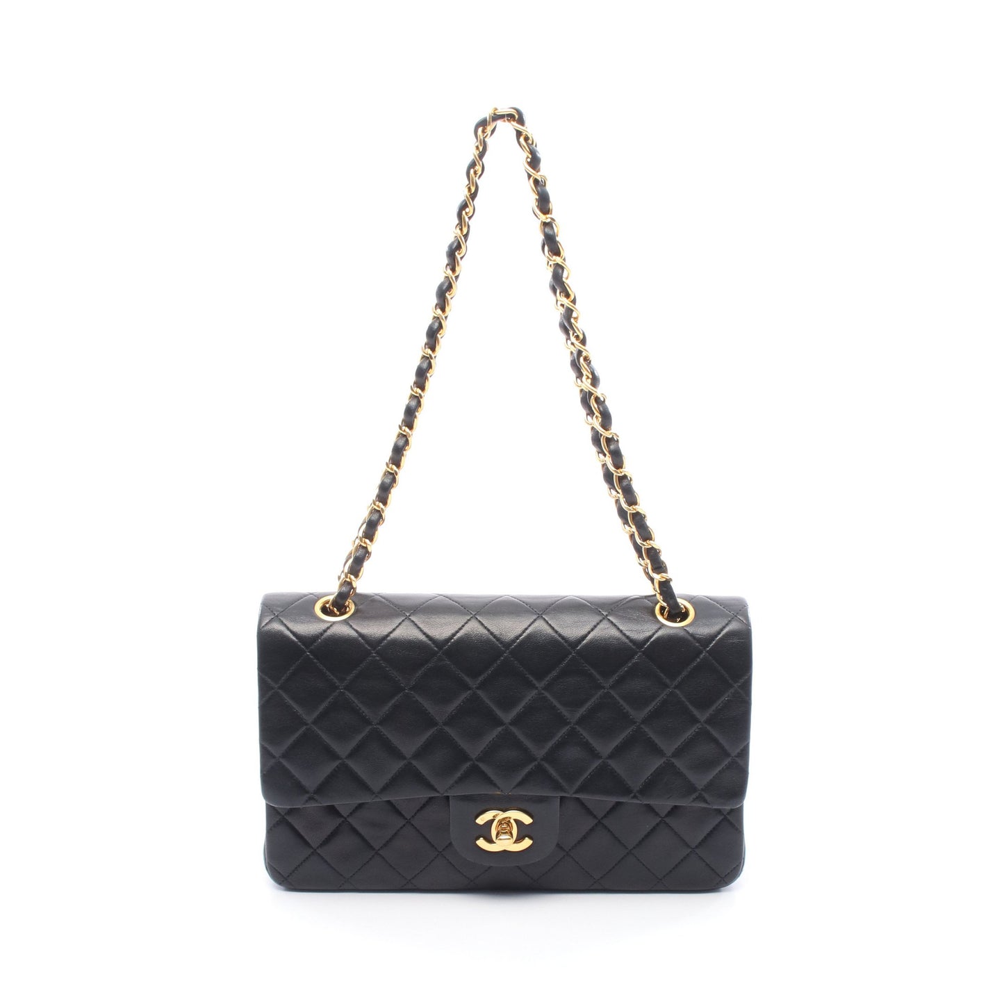 マトラッセ ダブルフラップ Wチェーンショルダーバッグ ラムスキン ブラック ゴールド金具 シャネル バッグ CHANEL