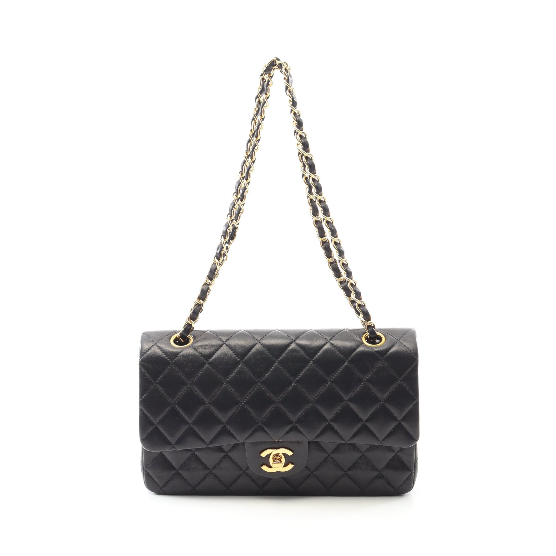 マトラッセ Wフラップ Wチェーンショルダーバッグ ラムスキン ブラック ゴールド金具 シャネル バッグ CHANEL