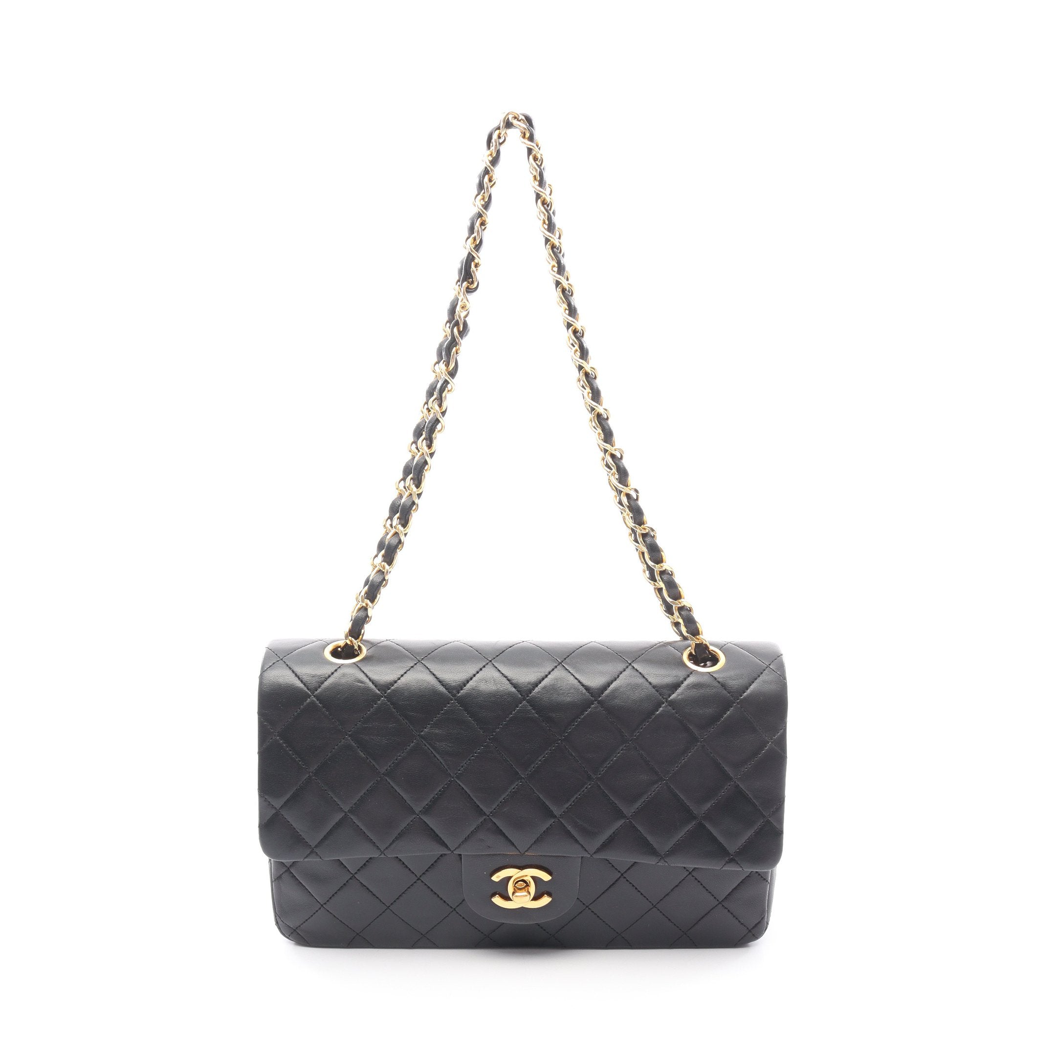 【5pb2637】シャネル ショルダーバッグ マトラッセ Wフラップ Wチェーン ラムスキン ブラック ゴールド金具【中古】レディース マトラッセ Wフラップ Wチェーンショルダーバッグ ラムスキン ブラック