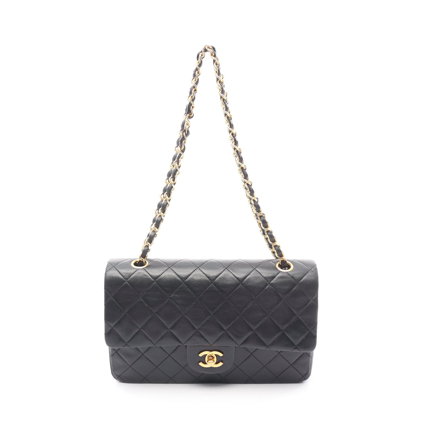 マトラッセ Wフラップ Wチェーンショルダーバッグ ラムスキン ブラック ゴールド金具 ヴィンテージ シャネル バッグ CHANEL