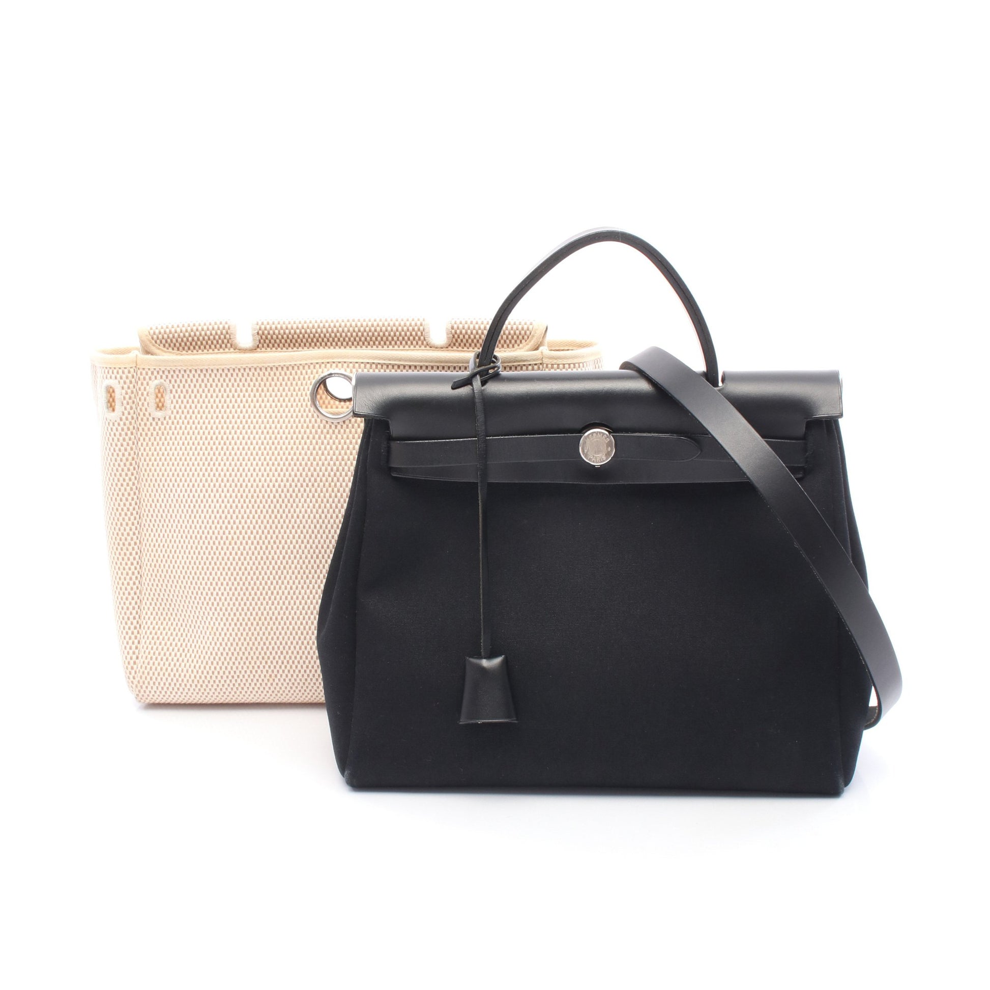 エールバッグPM ハンドバッグ トワルオフィシエ レザー ブラック シルバー金具 □F刻印 エルメス バッグ HERMES