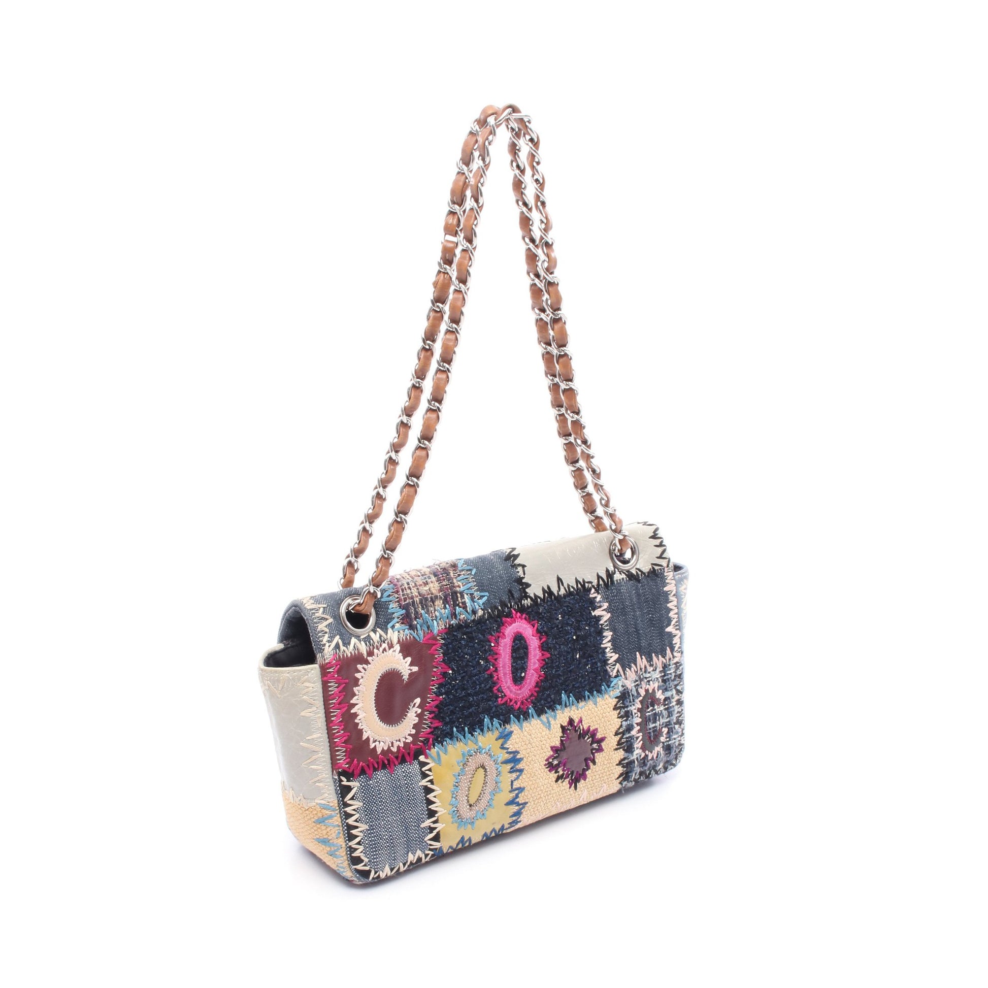 FLAP BAG PATCH Wチェーンショルダーバッグ デニム ツイード レザー ブルー マルチカラー シルバー金具 シャネル バッグ CHANEL