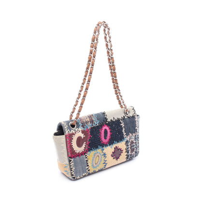 FLAP BAG PATCH Wチェーンショルダーバッグ デニム ツイード レザー ブルー マルチカラー シルバー金具 シャネル バッグ CHANEL