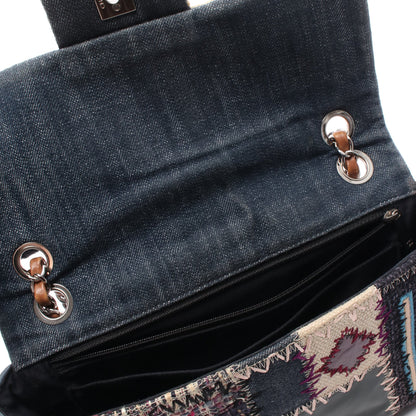 FLAP BAG PATCH Wチェーンショルダーバッグ デニム ツイード レザー ブルー マルチカラー シルバー金具 シャネル バッグ CHANEL