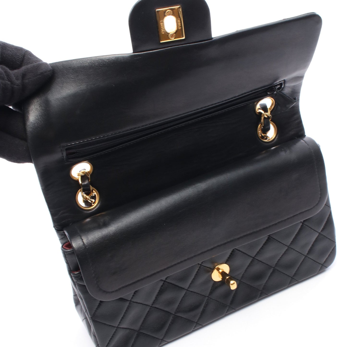 マトラッセ Wフラップ Wチェーンショルダーバッグ ラムスキン ブラック ゴールド金具 シャネル バッグ CHANEL
