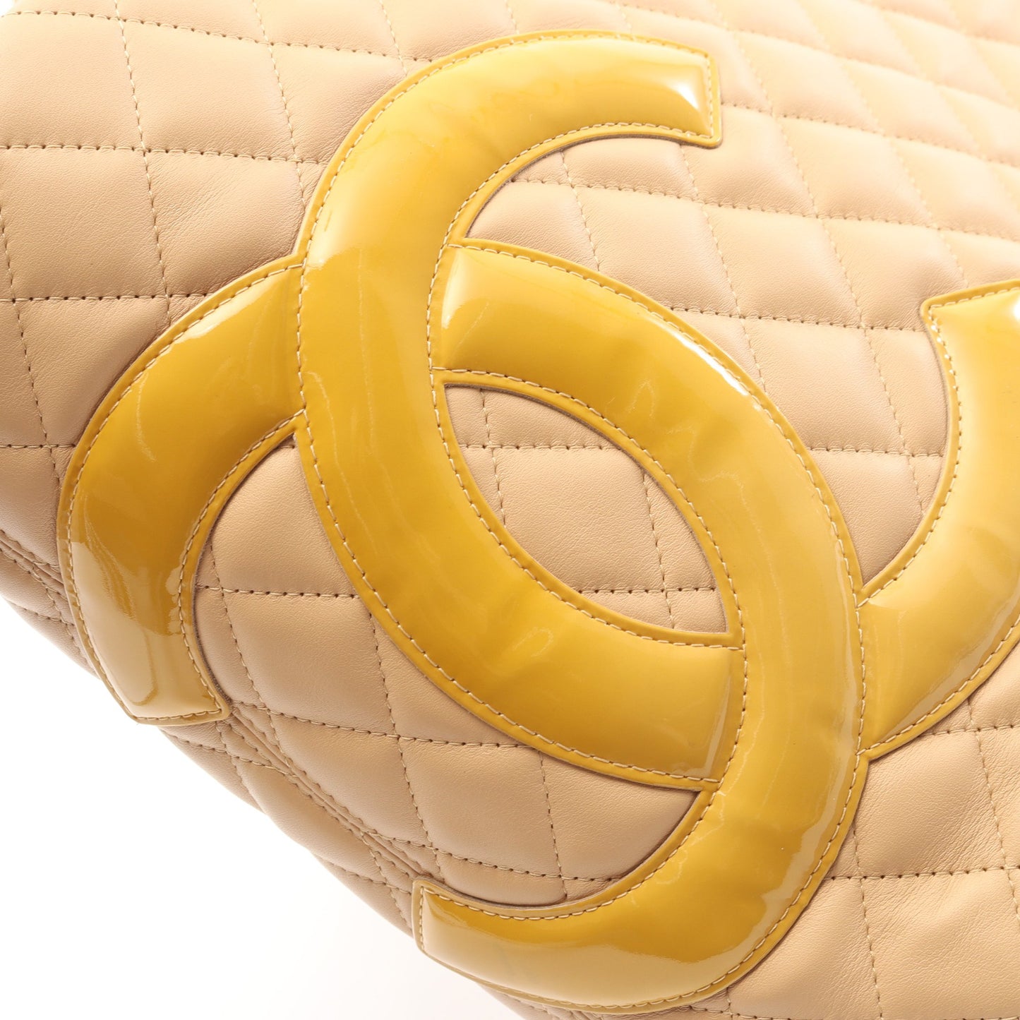 カンボンライン ラージ ショルダーバッグ トートバッグ レザー エナメルレザー ベージュ シルバー金具 シャネル バッグ CHANEL