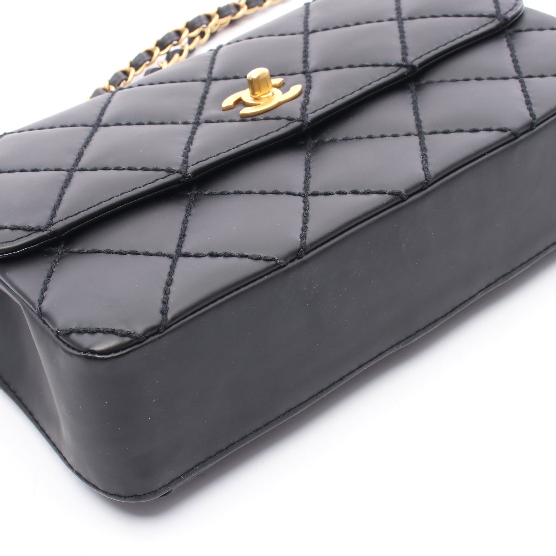 ワイルドステッチ Wチェーンショルダーバッグ レザー ブラック ゴールド金具 シャネル バッグ CHANEL