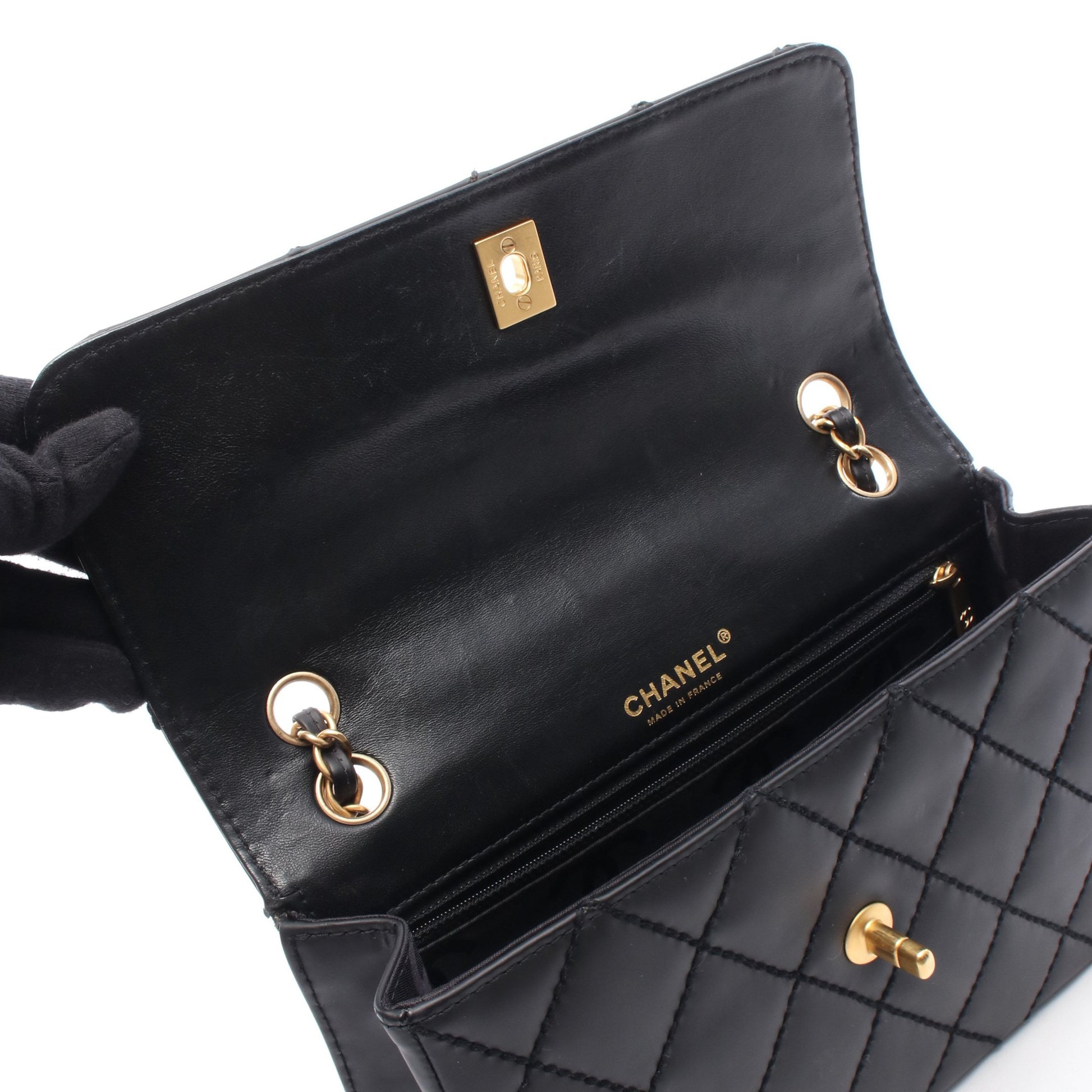 ワイルドステッチ Wチェーンショルダーバッグ レザー ブラック ゴールド金具 シャネル バッグ CHANEL