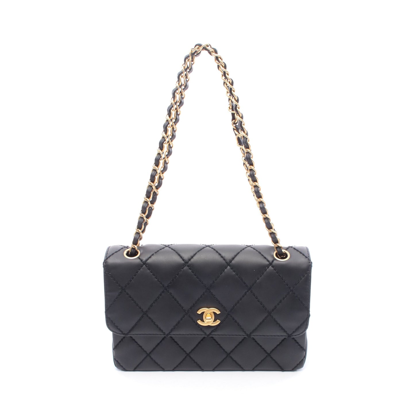 ワイルドステッチ Wチェーンショルダーバッグ レザー ブラック ゴールド金具 シャネル バッグ CHANEL