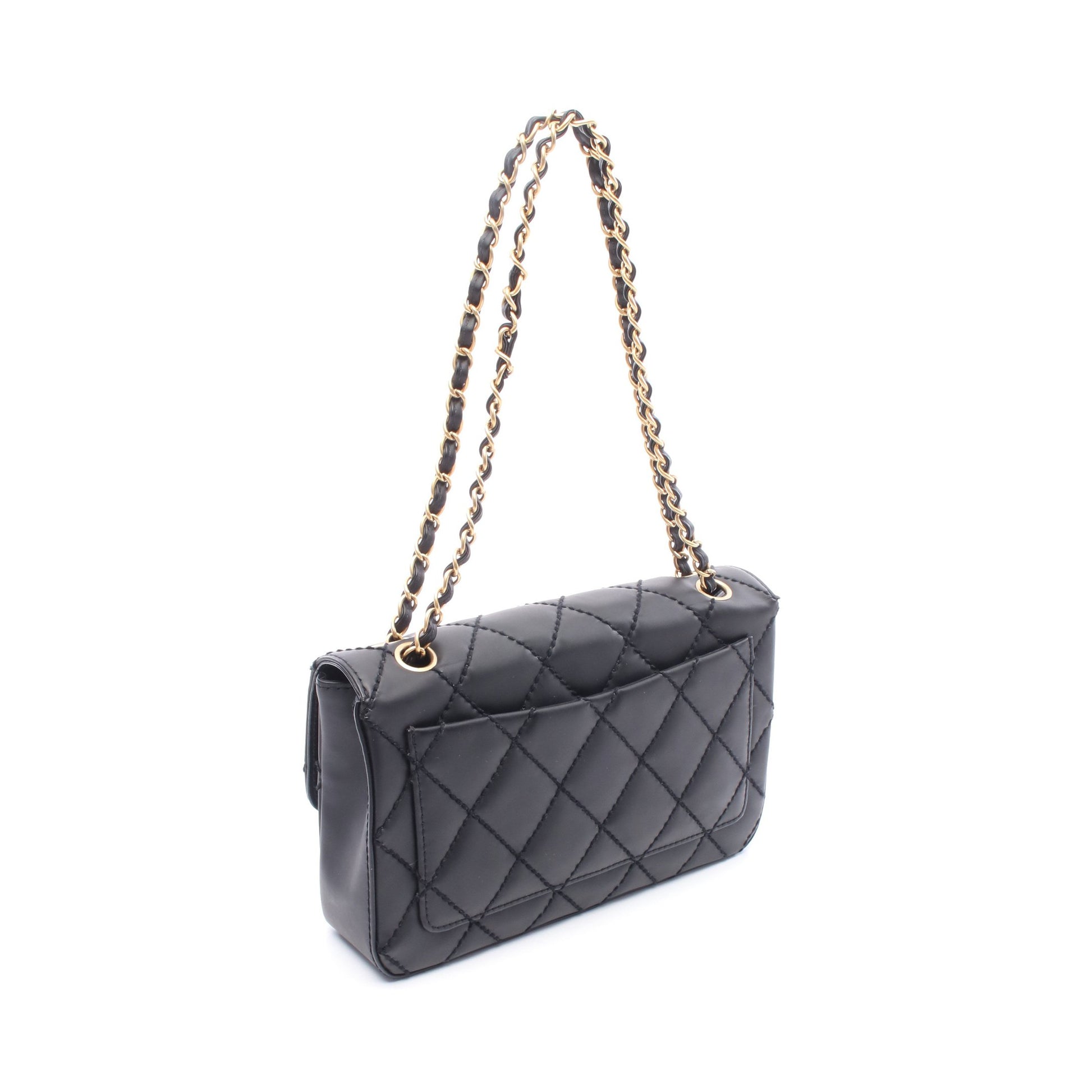 ワイルドステッチ Wチェーンショルダーバッグ レザー ブラック ゴールド金具 シャネル バッグ CHANEL