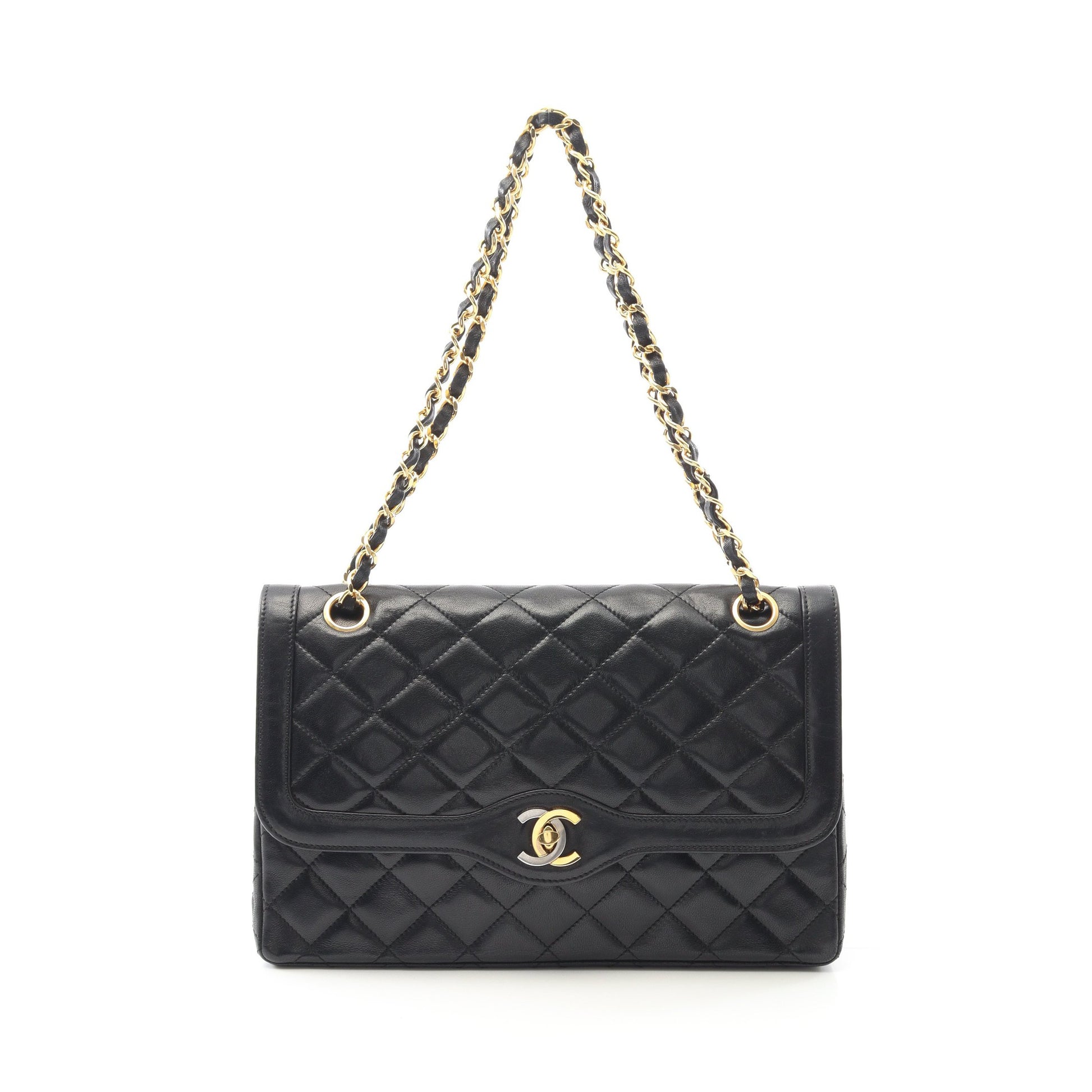 マトラッセ パリ限定 Wフラップ Wチェーンショルダーバッグ ラムスキン ブラック コンビ金具 シャネル バッグ CHANEL