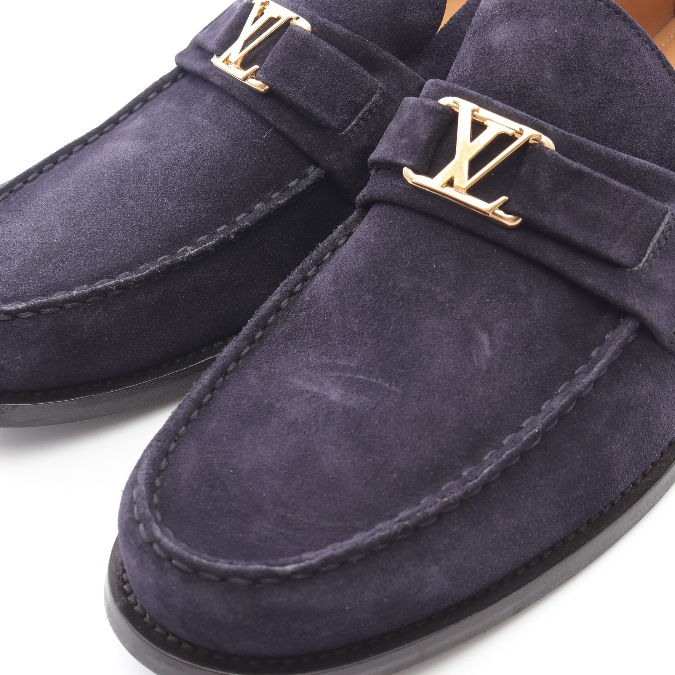 値下げ！【美品】Louis Vuitton ローファー ネイビー スウェード メジャーライン モノグラム ローファー スエード ネイビー ルイ