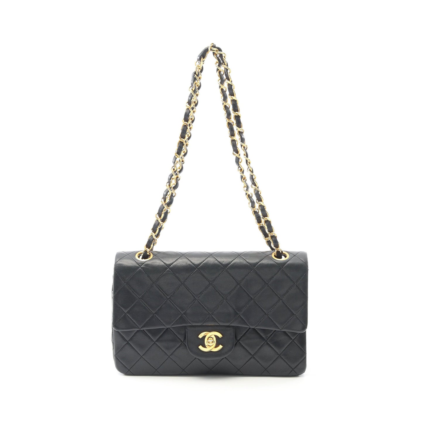 マトラッセ Wフラップ Wチェーンショルダーバッグ ラムスキン ブラック ゴールド金具 ヴィンテージ シャネル バッグ CHANEL