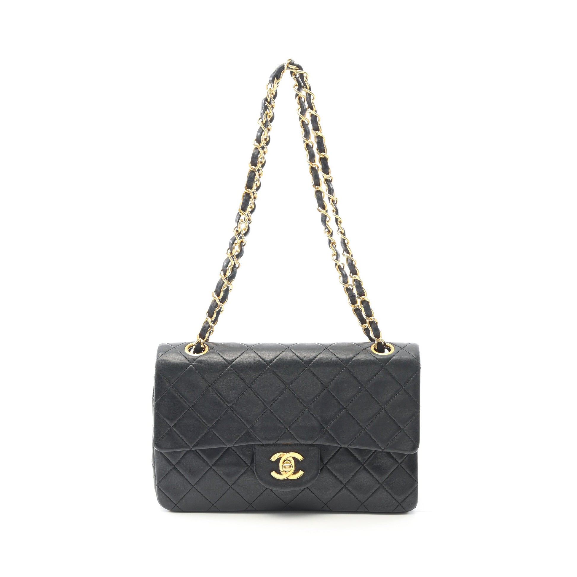 マトラッセ Wフラップ Wチェーンショルダーバッグ ラムスキン ブラック ゴールド金具 ヴィンテージ シャネル バッグ CHANEL
