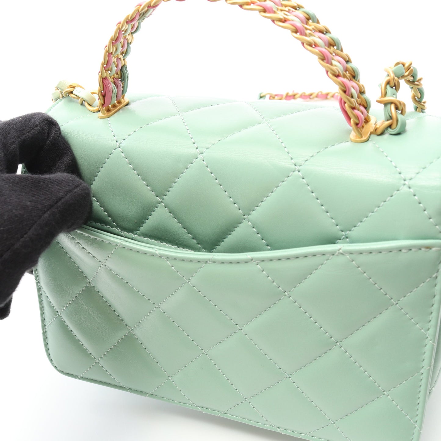 マトラッセ トップハンドル ミニフラップ チェーンショルダーバッグ レザー ライトグリーン ゴールド金具 2WAY シャネル バッグ CHANEL