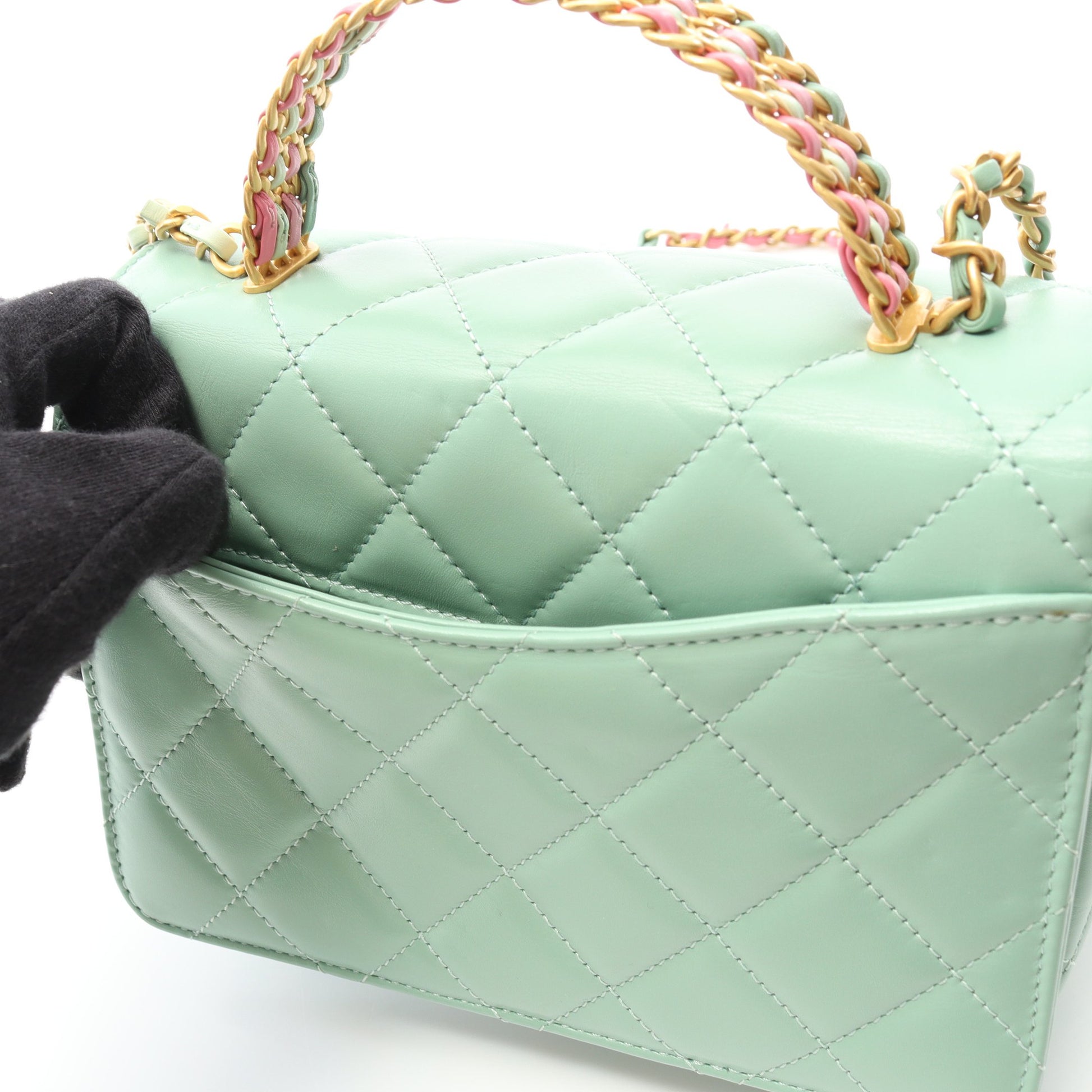 マトラッセ トップハンドル ミニフラップ チェーンショルダーバッグ レザー ライトグリーン ゴールド金具 2WAY シャネル バッグ CHANEL