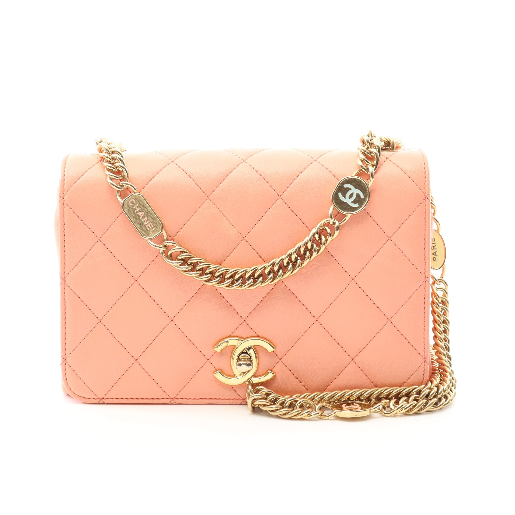 マトラッセ チェーンショルダーバッグ レザー コーラルオレンジ